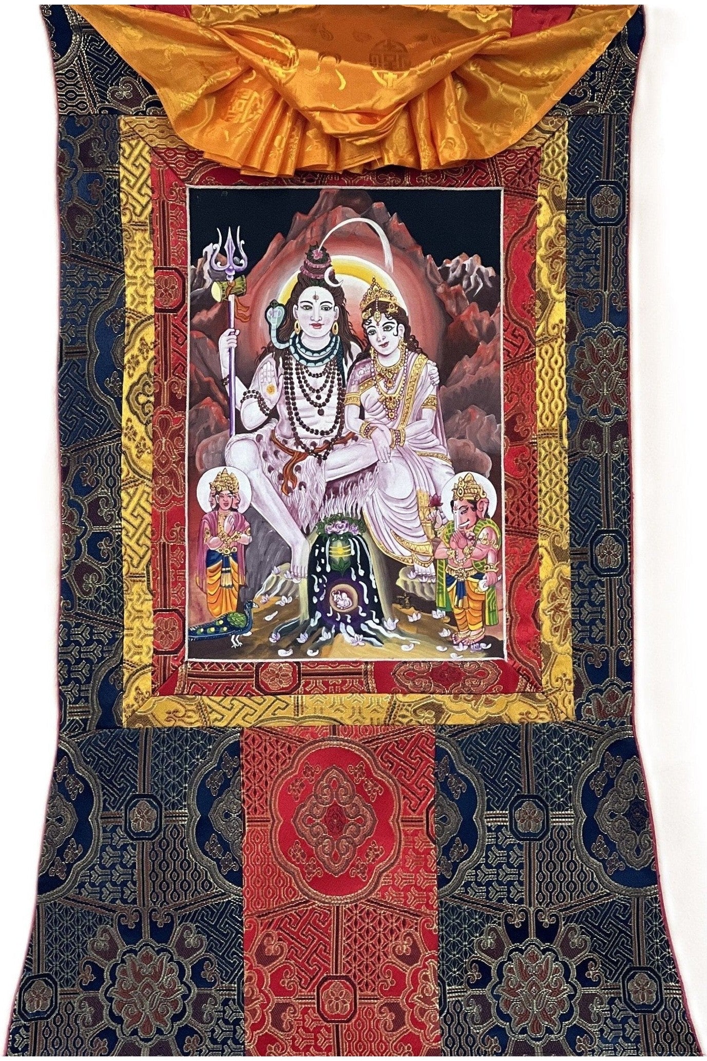 Lord Shiva Mahadeva Shankar with Mother Ganga Newari Paubha/ Thangka Painting, Original Masterpiece Art with High - Quality Silk Brocade - Tibetan Thangka Art