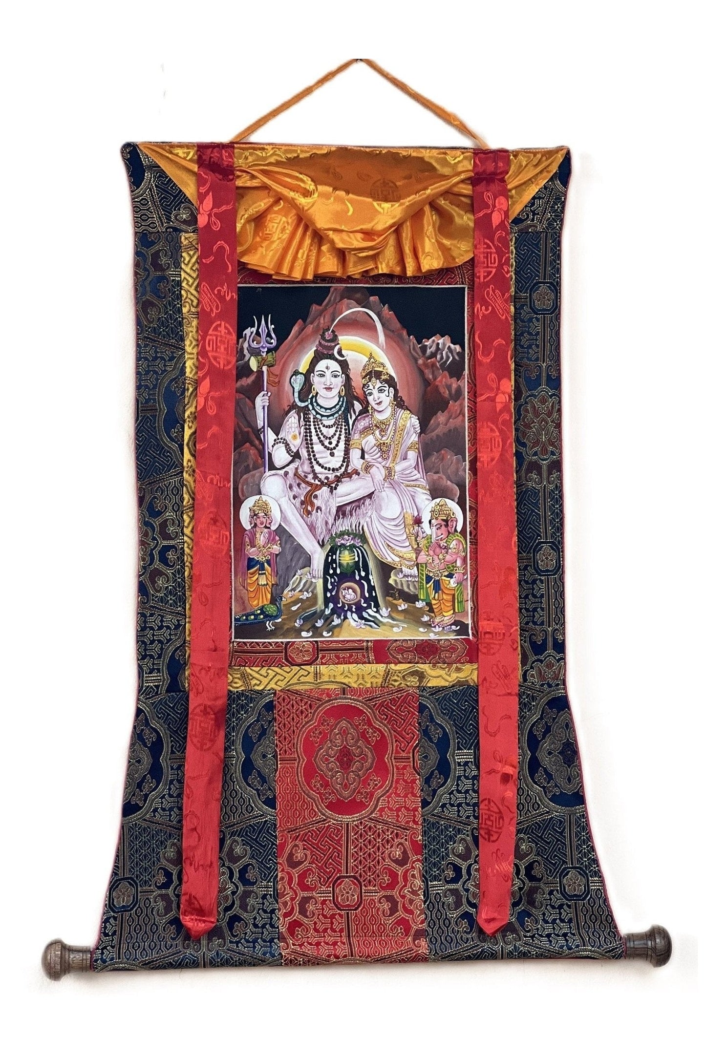 Lord Shiva Mahadeva Shankar with Mother Ganga Newari Paubha/ Thangka Painting, Original Masterpiece Art with High - Quality Silk Brocade - Tibetan Thangka Art