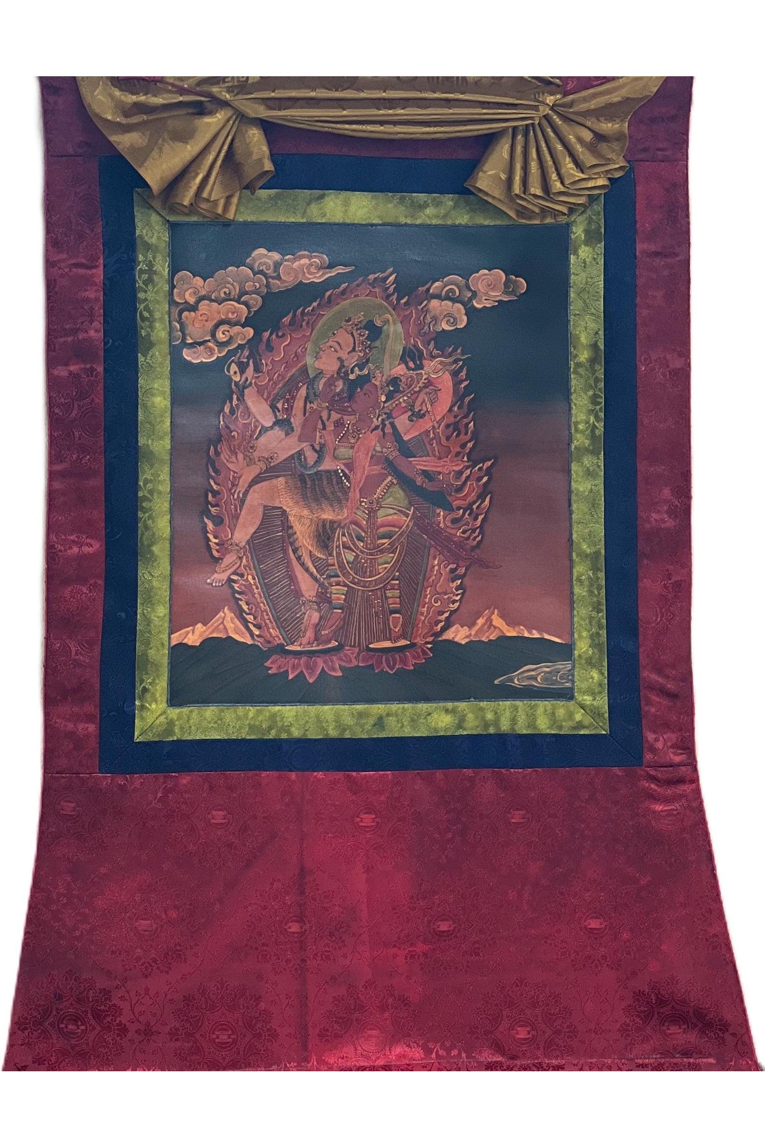 Lord Shiva/ Mahadeva/Shankar with Parbati Newari Paubha/ Old Oil Varnished Thangka Painting, Original Masterpiece Art with Silk Brocade - Tibetan Thangka Art