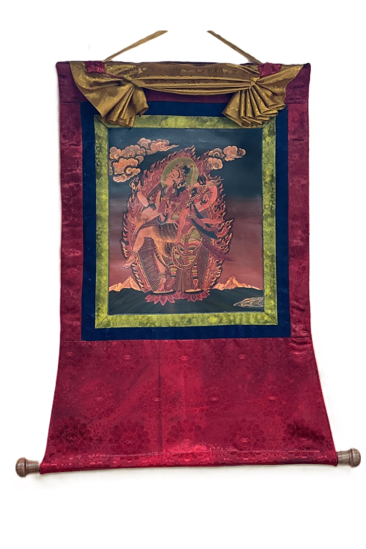 Lord Shiva/ Mahadeva/Shankar with Parbati Newari Paubha/ Old Oil Varnished Thangka Painting, Original Masterpiece Art with Silk Brocade - Tibetan Thangka Art