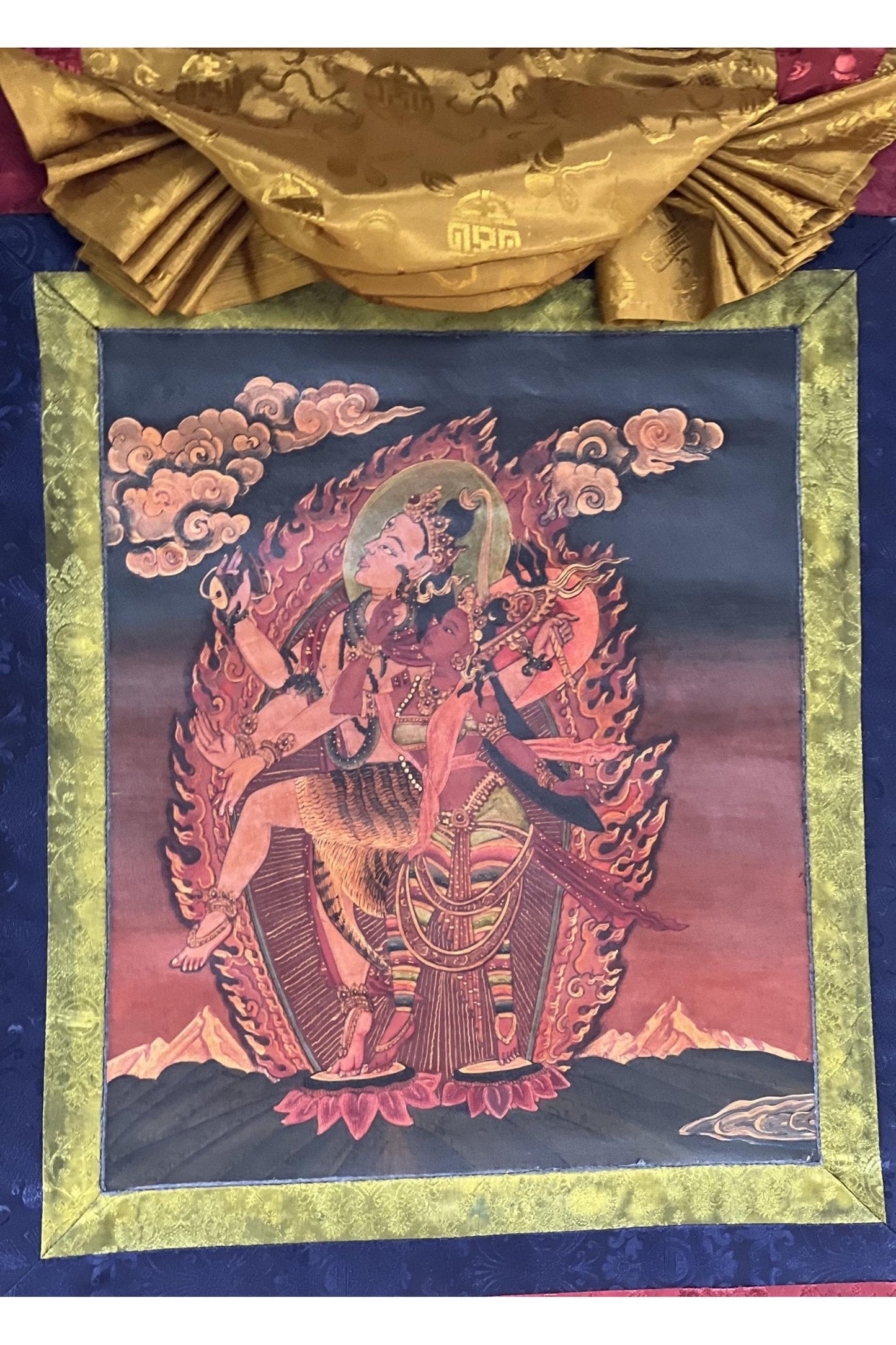 Lord Shiva/ Mahadeva/Shankar with Parbati Newari Paubha/ Old Oil Varnished Thangka Painting, Original Masterpiece Art with Silk Brocade - Tibetan Thangka Art