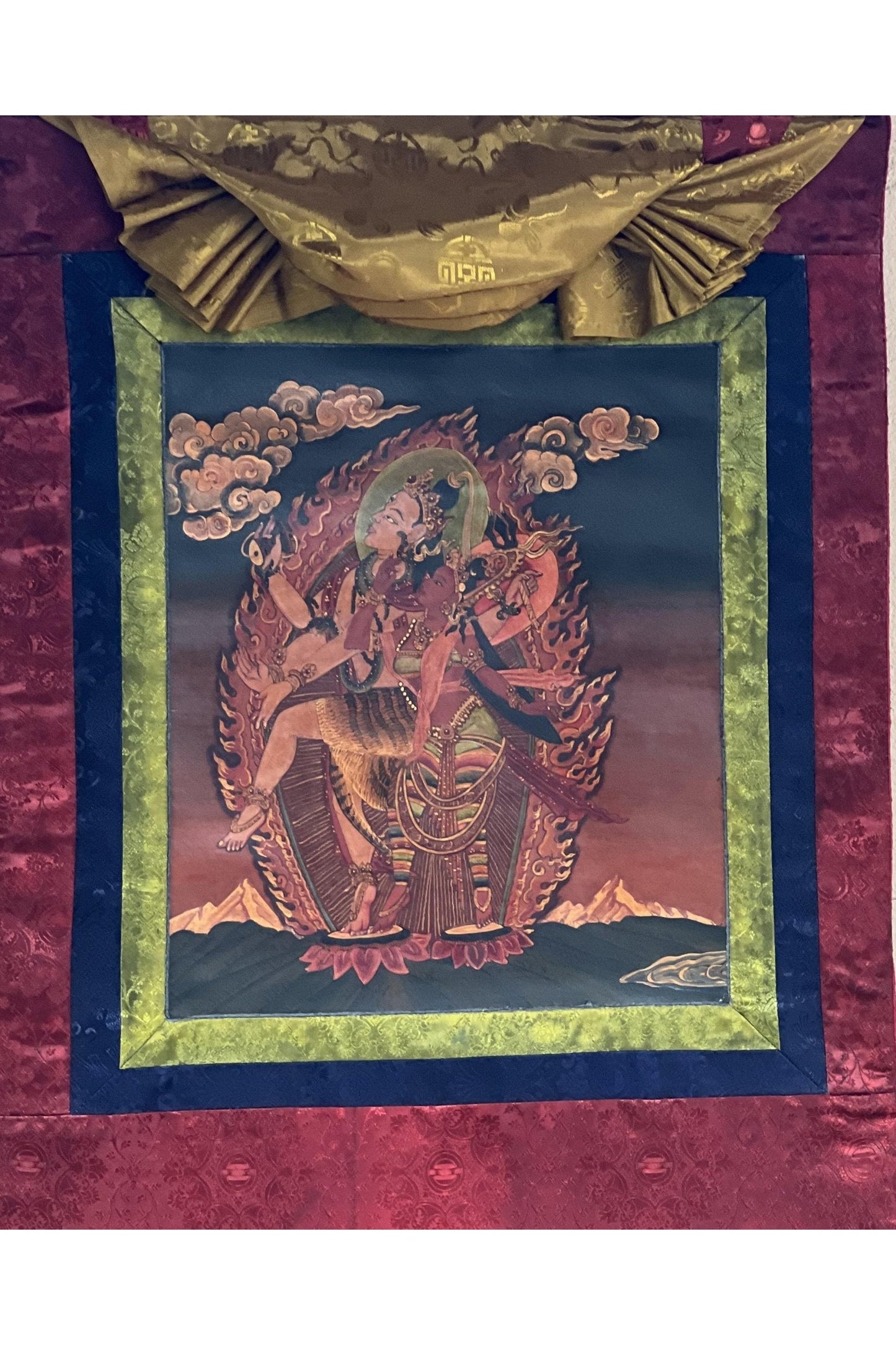 Lord Shiva/ Mahadeva/Shankar with Parbati Newari Paubha/ Old Oil Varnished Thangka Painting, Original Masterpiece Art with Silk Brocade - Tibetan Thangka Art