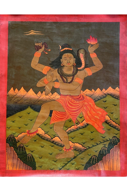 Lord Shiva/ Shankar/ Mahadeva Dancing in Kailash Masterpiece Old Oil Varnished Painting/ Original Hindu Art - Tibetan Thangka Art