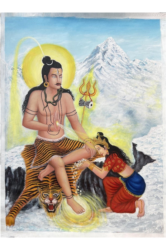 Lord Shiva with Mother Parvati Symbolizing Love and Devotion Large Masterpiece Acrylic Painting on canvas - Tibetan Thangka Art