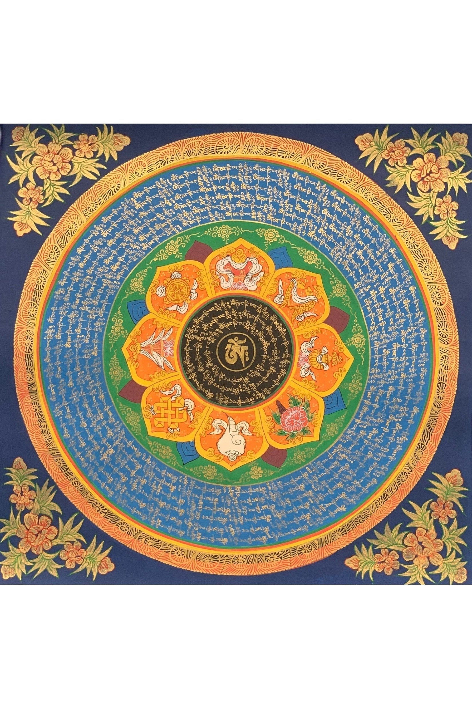 Lotus Mantra Mandala, Wheel of Life, Thangka Painting, Original Art, Floral Border, 20 x 20 - Inch - Tibetan Thangka Art