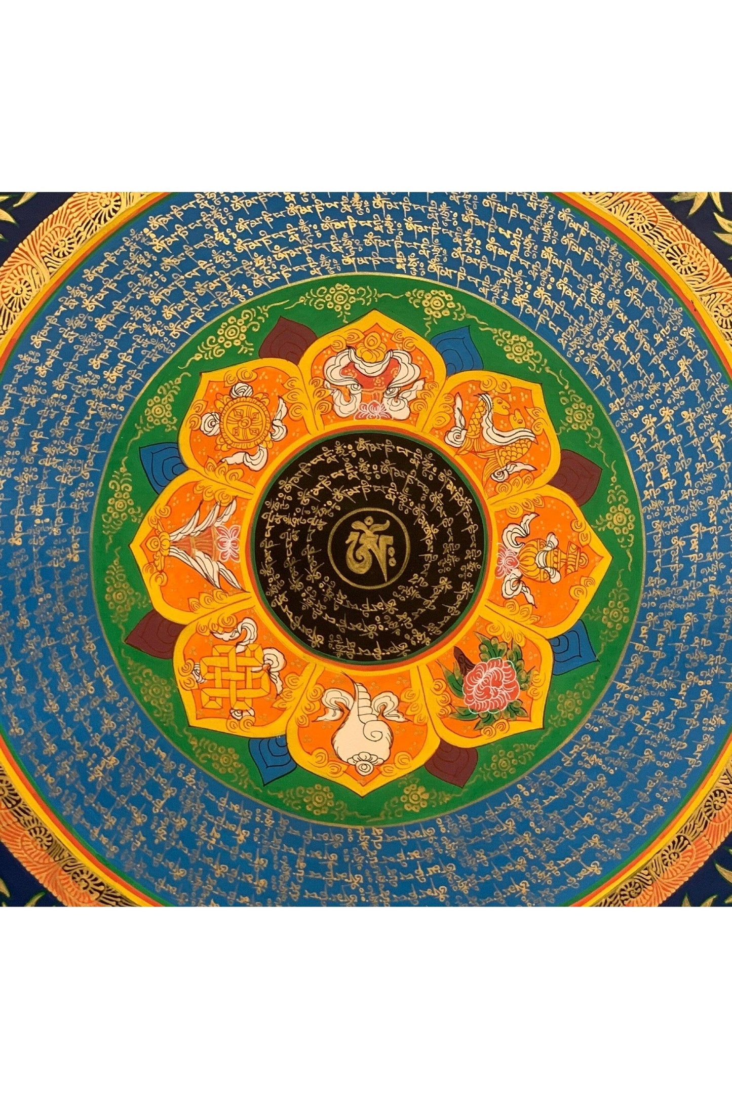 Lotus Mantra Mandala, Wheel of Life, Thangka Painting, Original Art, Floral Border, 20 x 20 - Inch - Tibetan Thangka Art