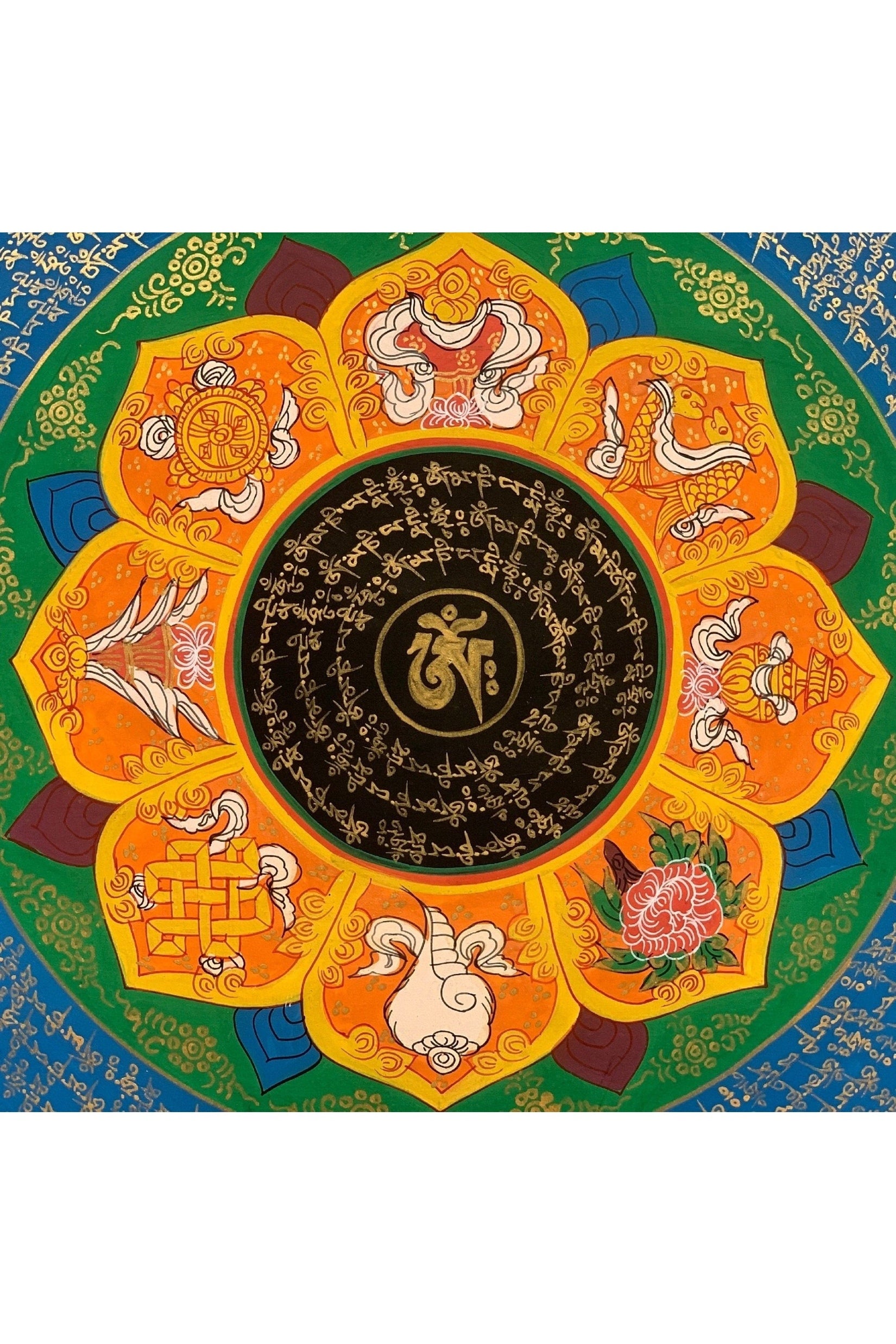 Lotus Mantra Mandala, Wheel of Life, Thangka Painting, Original Art, Floral Border, 20 x 20 - Inch - Tibetan Thangka Art