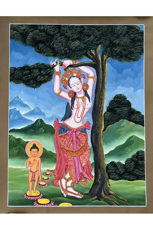 Maha Maya/ Mayadevi/Queen of Kapilvastu Giving Birth to Buddha under Sal Tree Newari Paubha Painting Original Masterpiece Buddhist Art - Tibetan Thangka Art