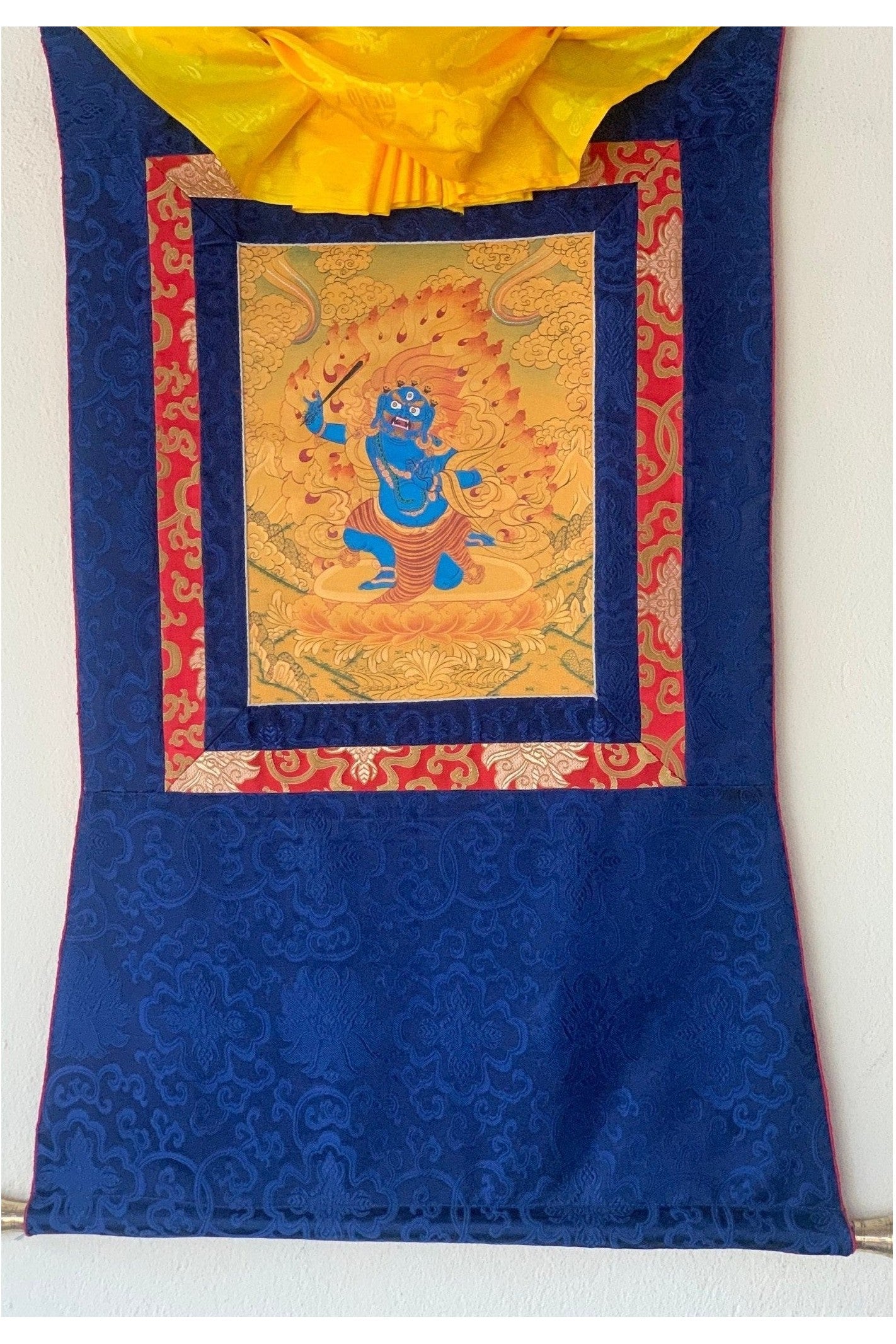 Mahakala/ Bhairava/ Kalavairava Tibetan Thangka Painting Original Art with Silk Brocade - Tibetan Thangka Art