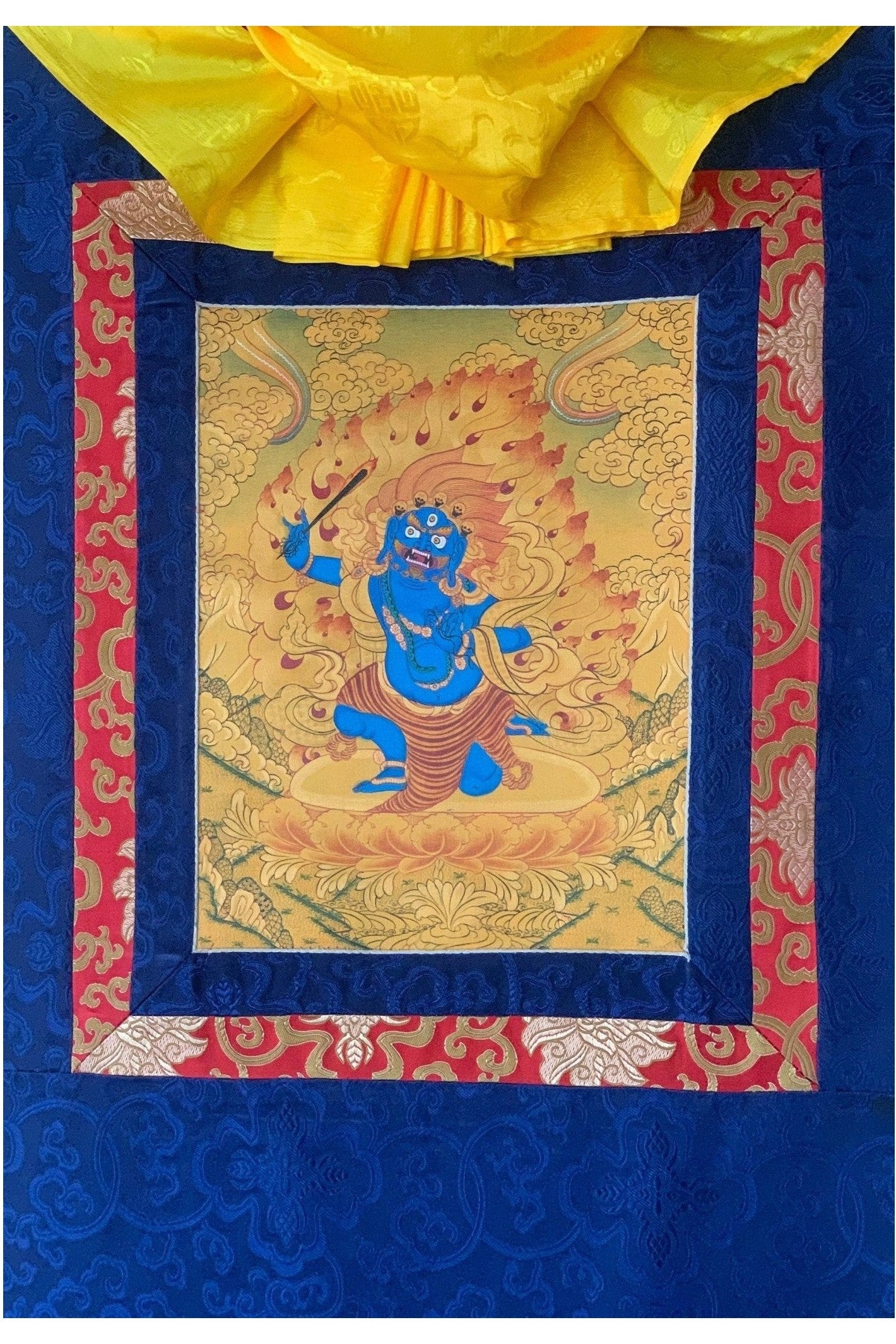 Mahakala/ Bhairava/ Kalavairava Tibetan Thangka Painting Original Art with Silk Brocade - Tibetan Thangka Art