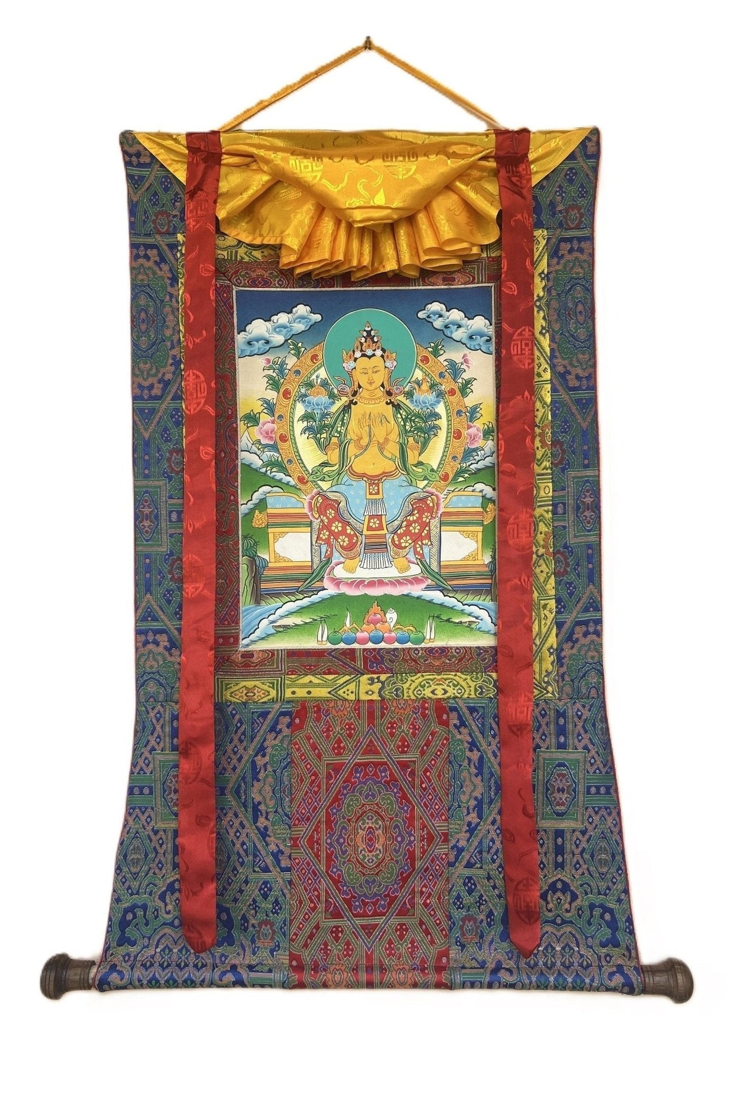 Maitreya Buddha/ Future Buddha Tibetan Thangka Painting Original Hand - Painted Art Bordered with Silk - Tibetan Thangka Art