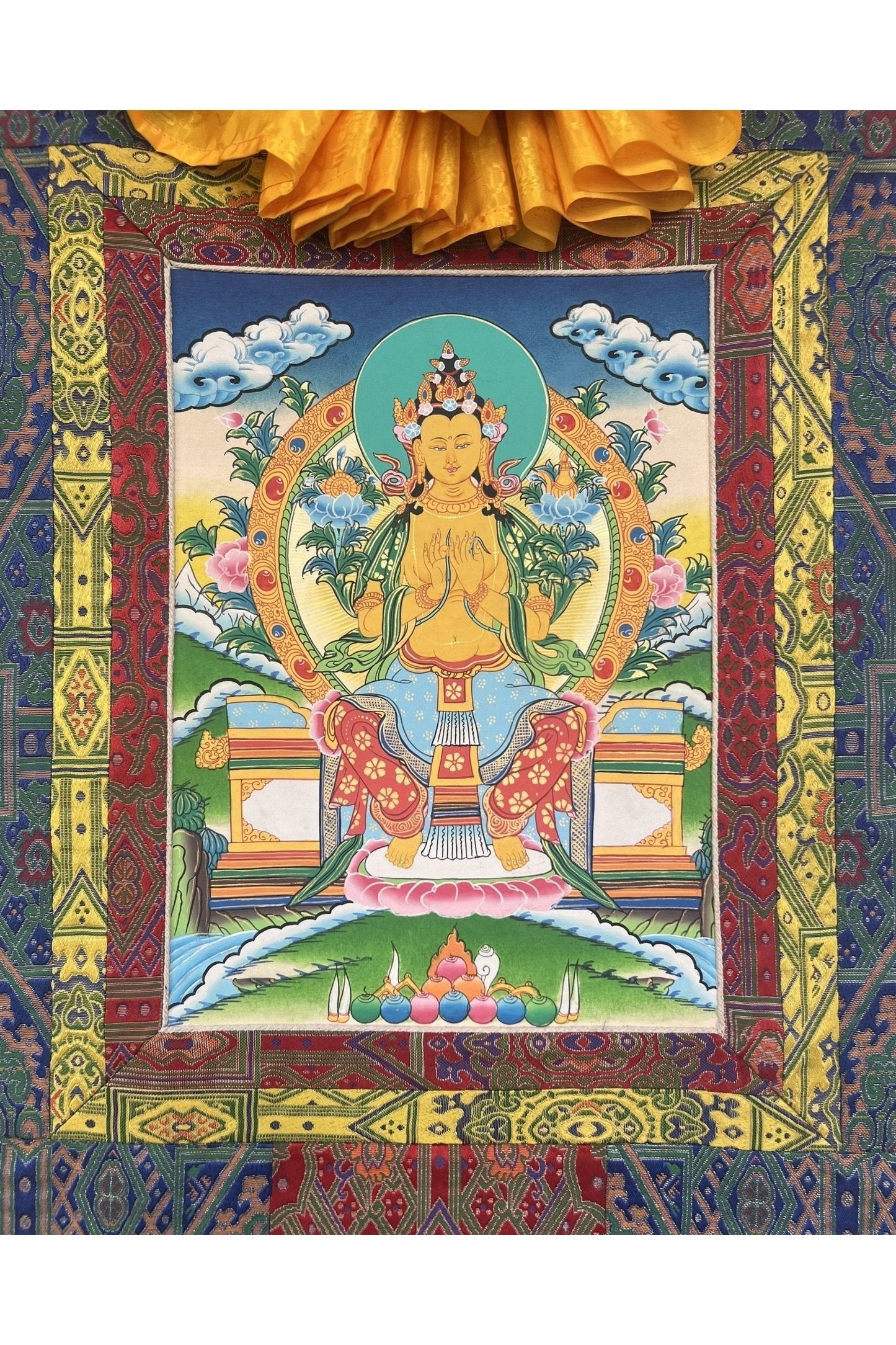 Maitreya Buddha/ Future Buddha Tibetan Thangka Painting Original Hand - Painted Art Bordered with Silk - Tibetan Thangka Art