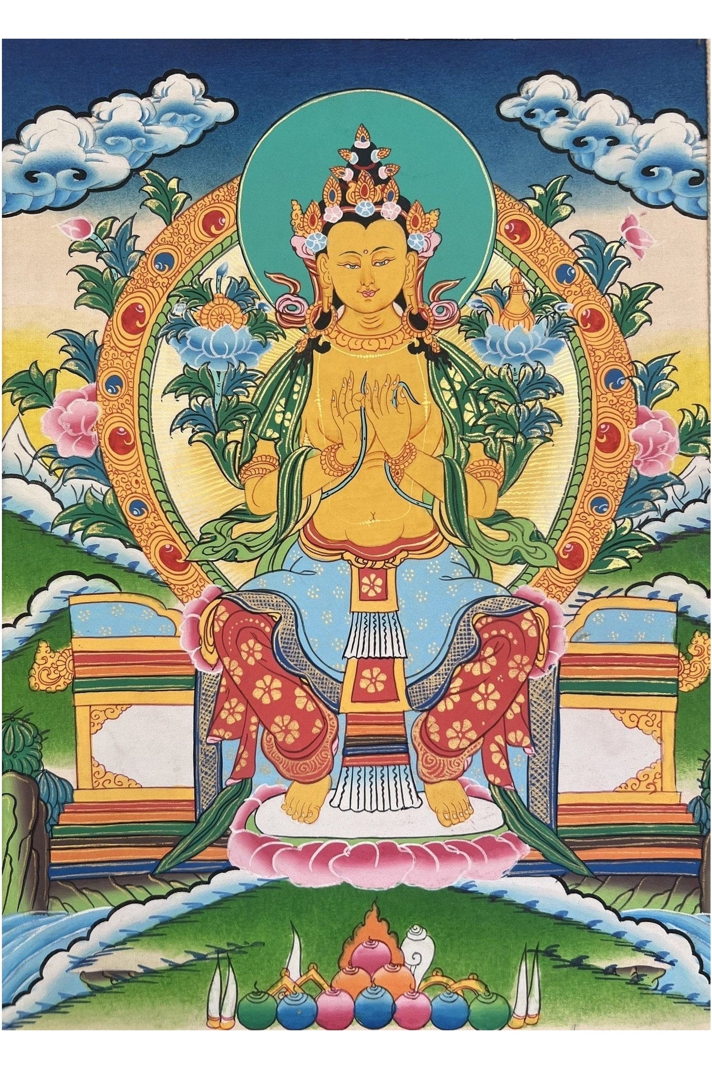 Maitreya Buddha/ Future Buddha Tibetan Thangka Painting Original Hand - Painted Art Bordered with Silk - Tibetan Thangka Art