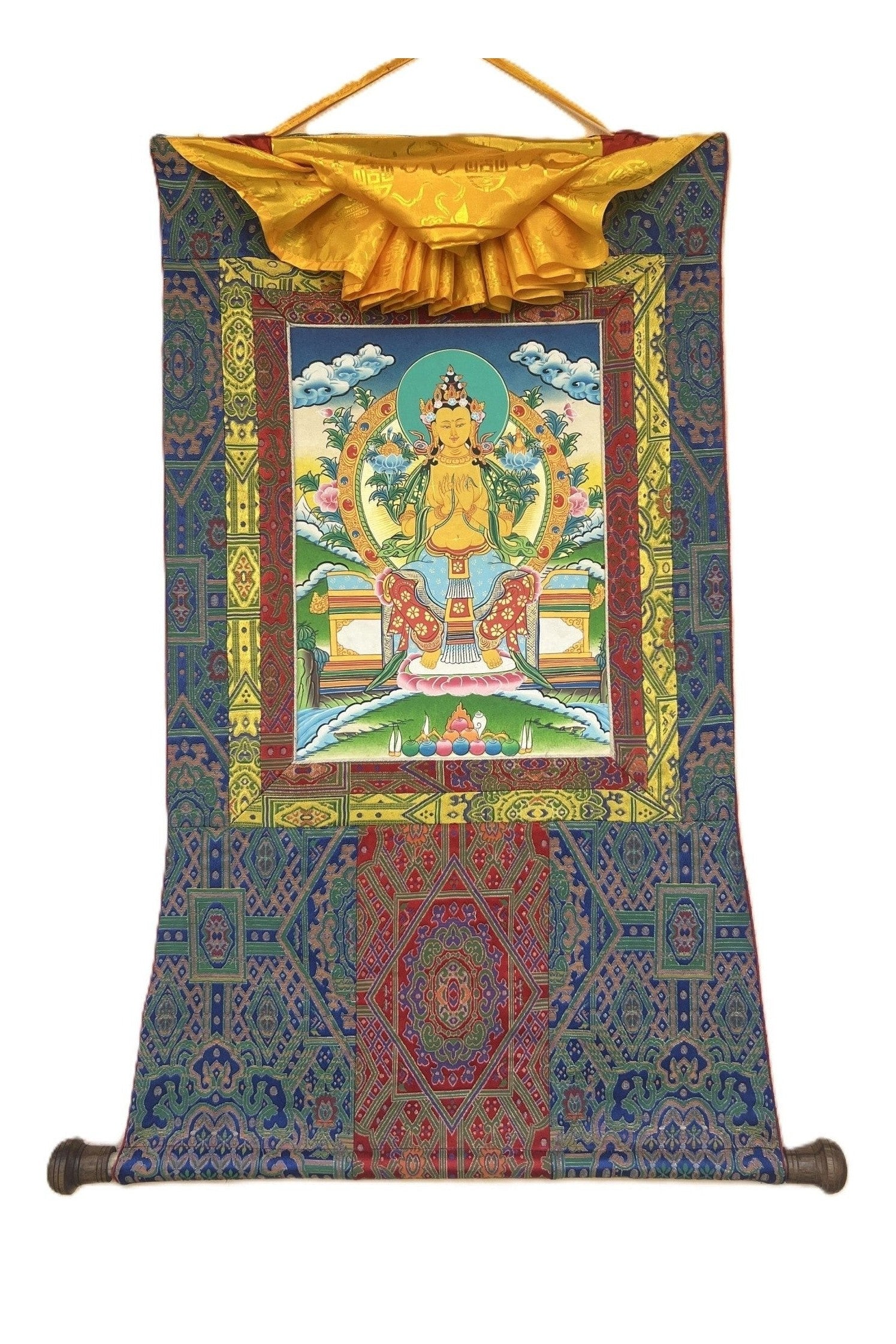 Maitreya Buddha/ Future Buddha Tibetan Thangka Painting Original Hand - Painted Art Bordered with Silk - Tibetan Thangka Art