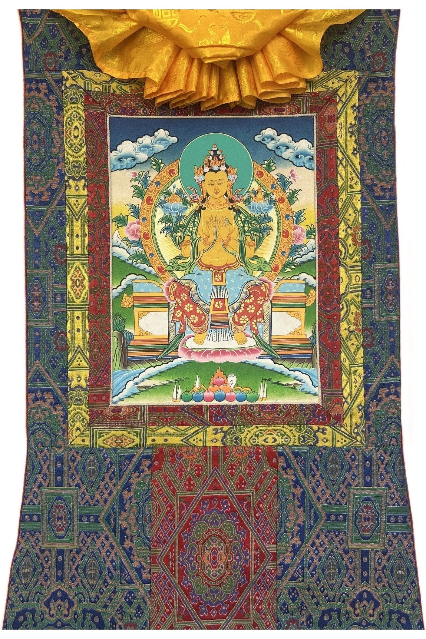 Maitreya Buddha/ Future Buddha Tibetan Thangka Painting Original Hand - Painted Art Bordered with Silk - Tibetan Thangka Art