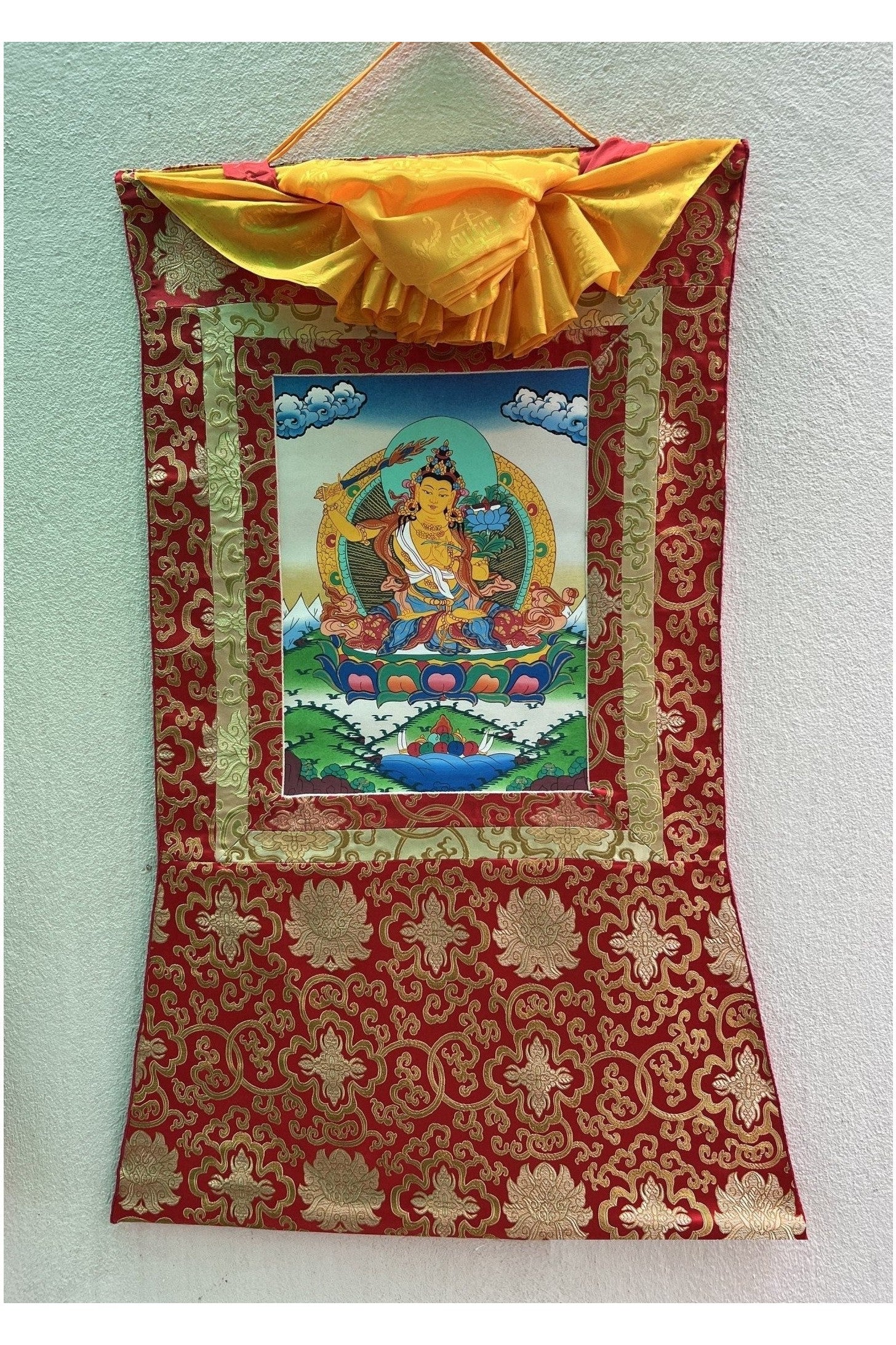 Manjushree/ Manjusri/ Manjushri Tibetan Thangka Painting Original Hand - Painting/ Buddhist Art with Silk Brocade - Tibetan Thangka Art