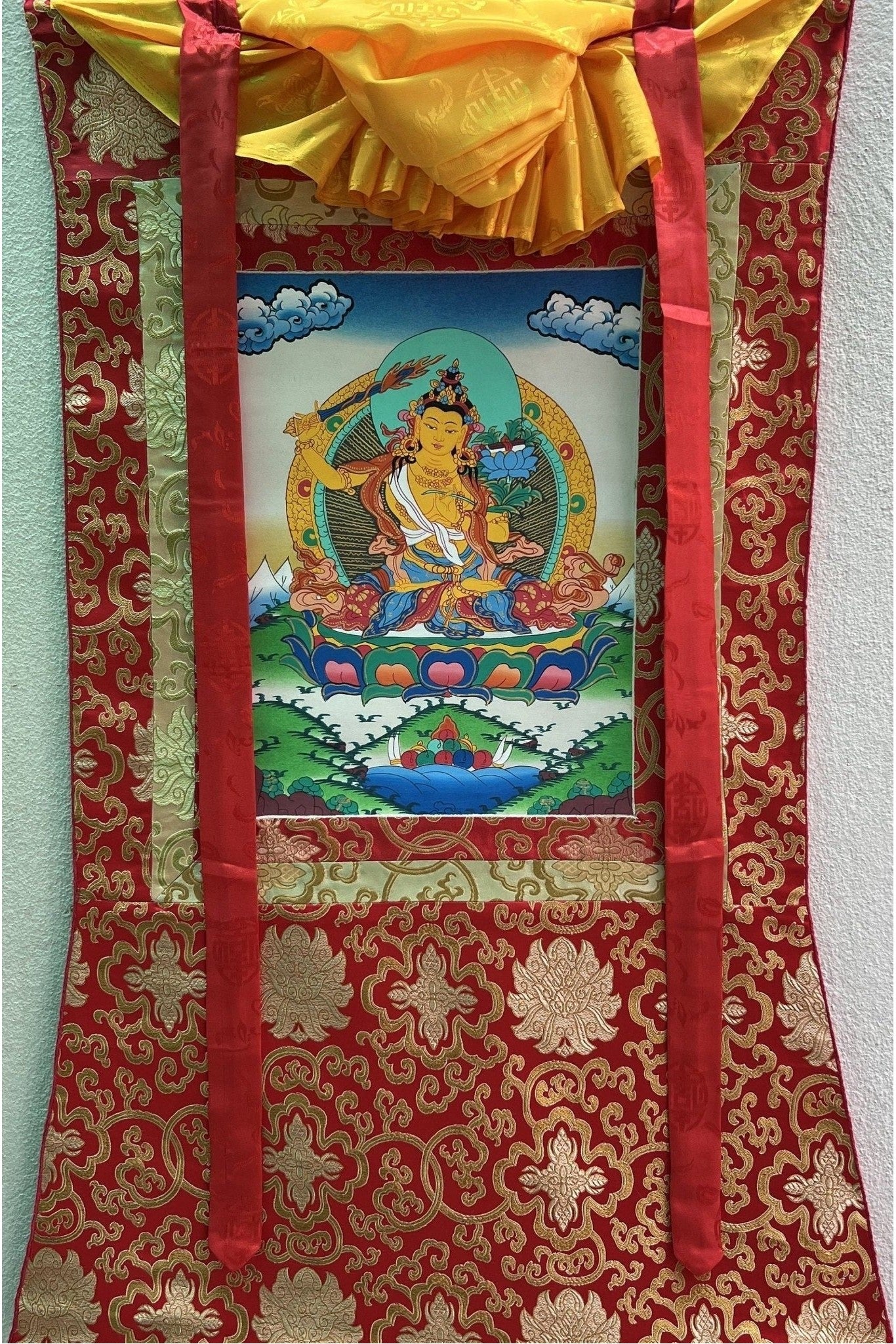 Manjushree/ Manjusri/ Manjushri Tibetan Thangka Painting Original Hand - Painting/ Buddhist Art with Silk Brocade - Tibetan Thangka Art