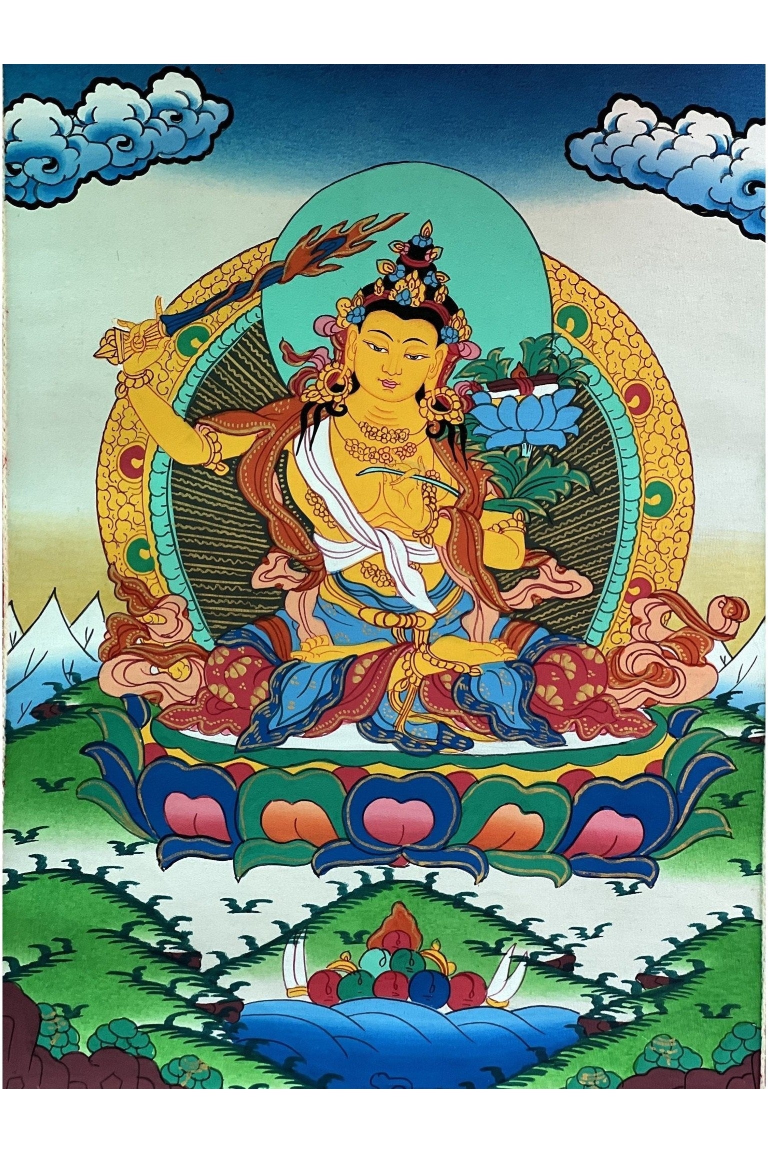 Manjushree/ Manjusri/ Manjushri Tibetan Thangka Painting Original Hand - Painting/ Buddhist Art with Silk Brocade - Tibetan Thangka Art