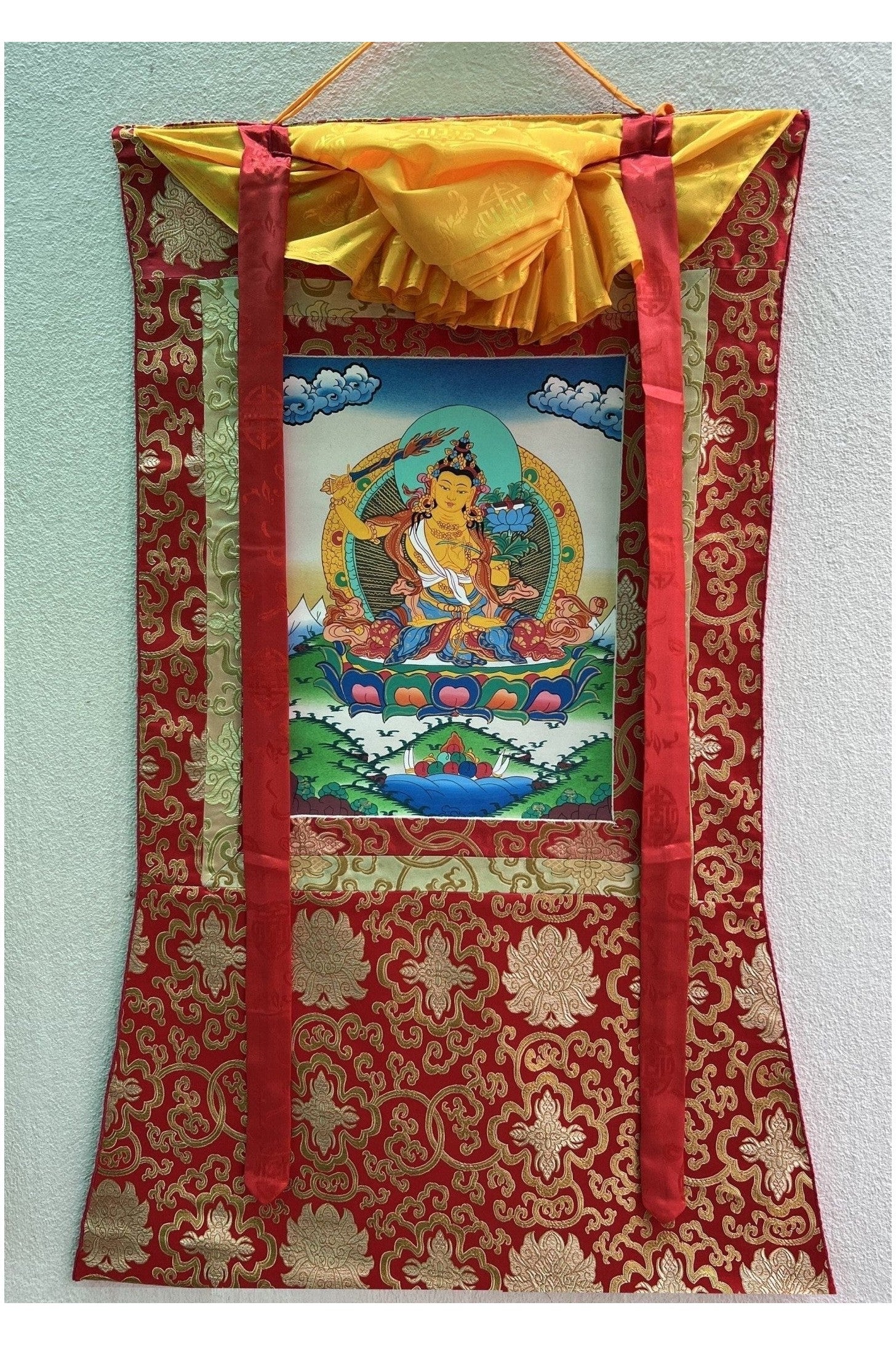 Manjushree/ Manjusri/ Manjushri Tibetan Thangka Painting Original Hand - Painting/ Buddhist Art with Silk Brocade - Tibetan Thangka Art