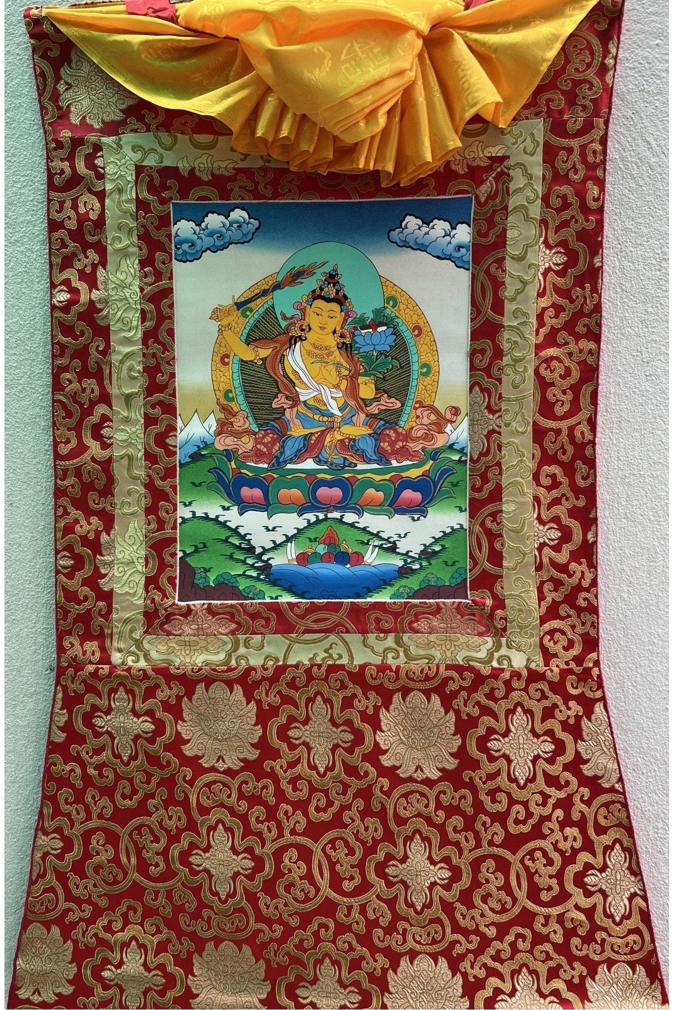 Manjushree/ Manjusri/ Manjushri Tibetan Thangka Painting Original Hand - Painting/ Buddhist Art with Silk Brocade - Tibetan Thangka Art