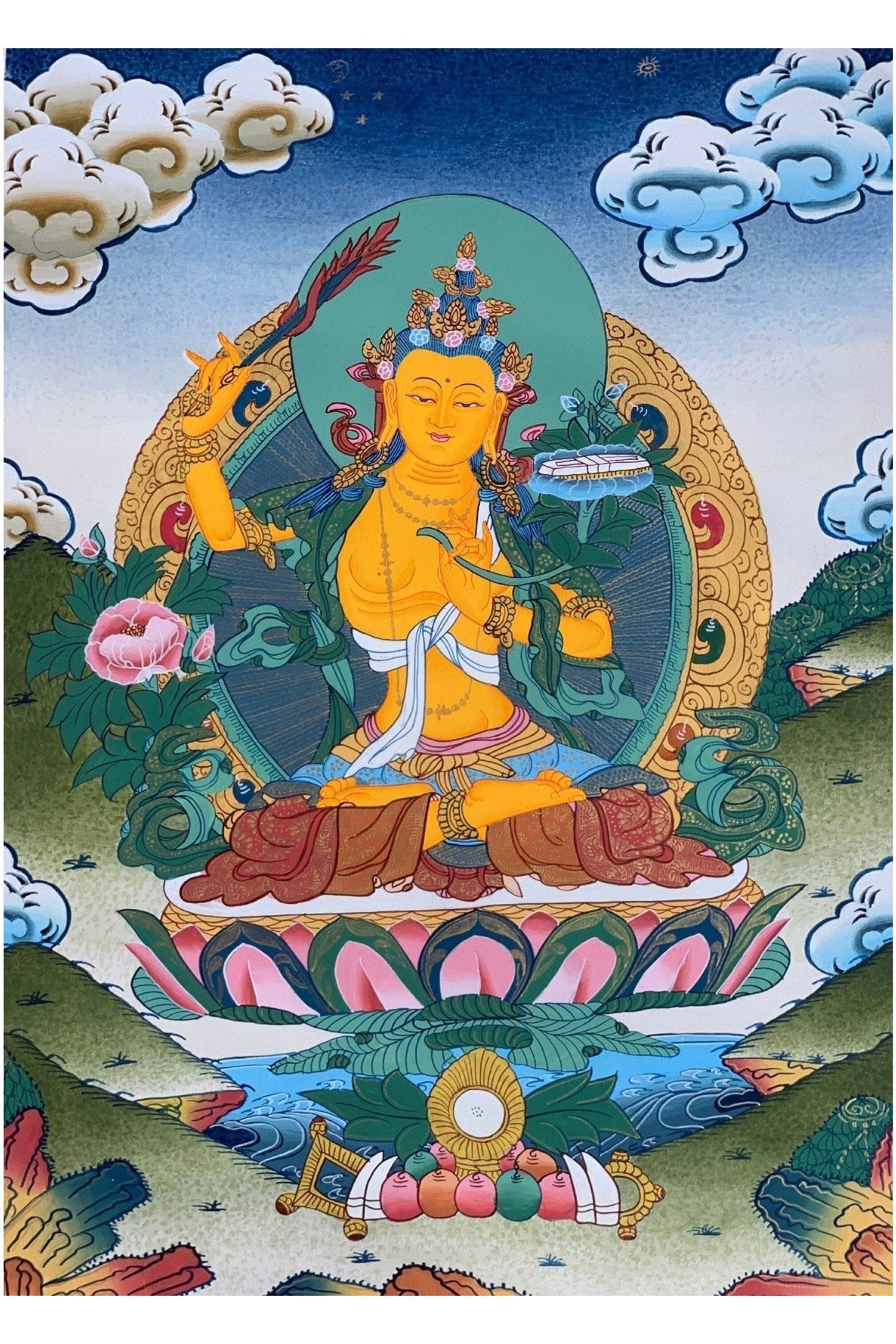 Manjushri, Manjusri, Manjushree, Bodhisattva, High Quality Thangka Painting, Original Art 14x 19 Inch - Tibetan Thangka Art