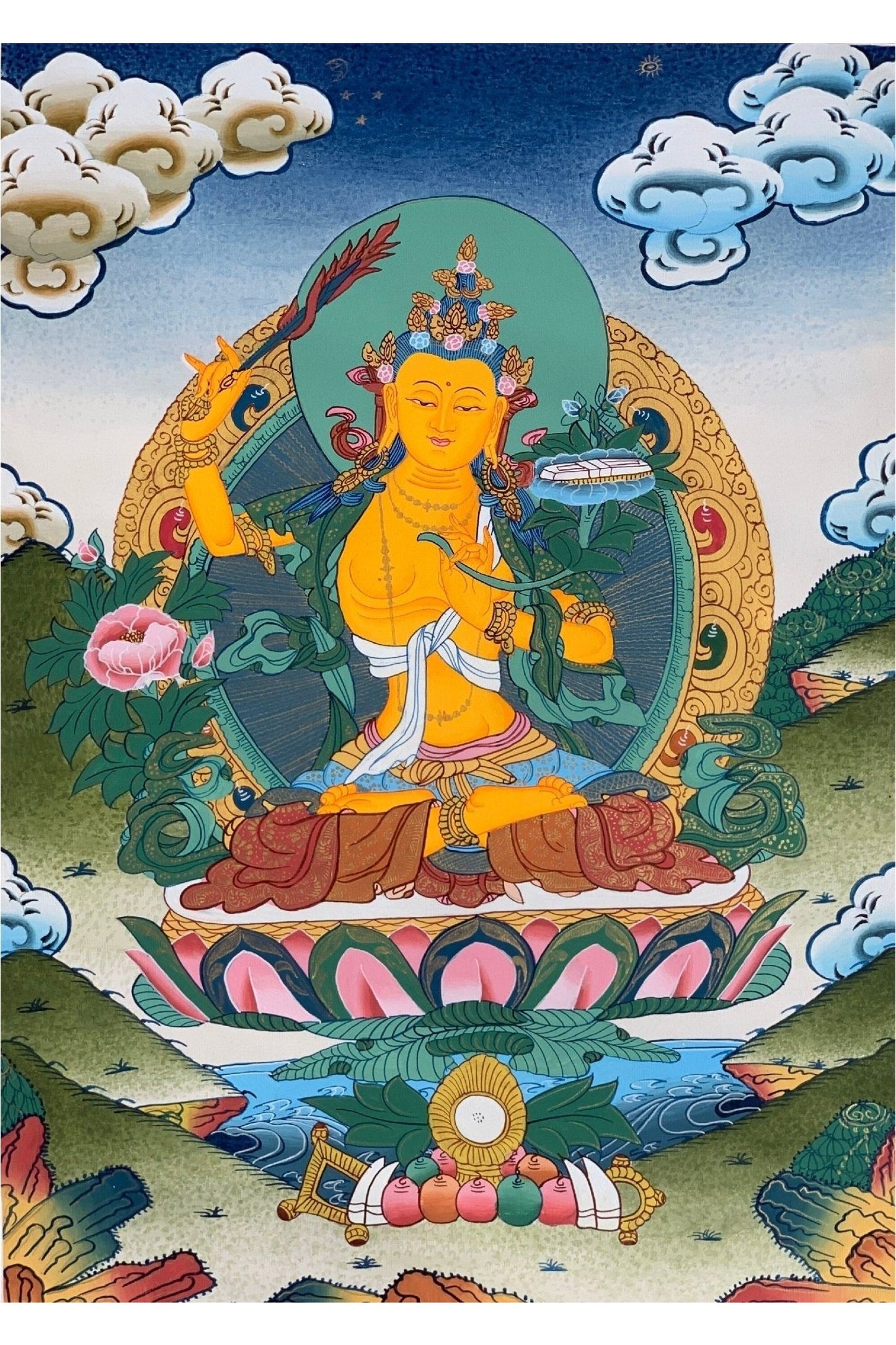 Manjushri, Manjusri, Manjushree, Bodhisattva, High Quality Thangka Painting, Original Art 14x 19 Inch - Tibetan Thangka Art