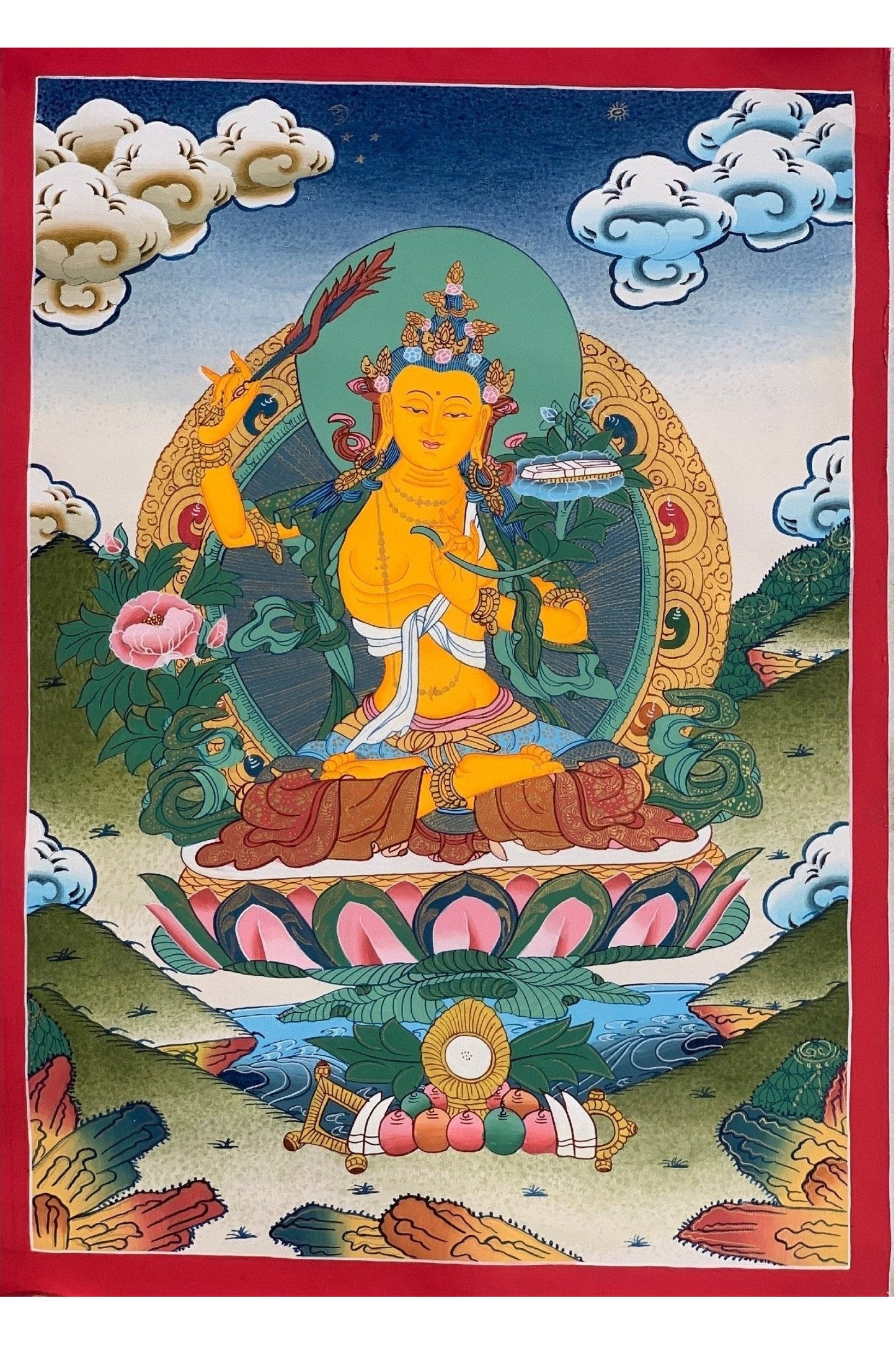 Manjushri, Manjusri, Manjushree, Bodhisattva, High Quality Thangka Painting, Original Art 14x 19 Inch - Tibetan Thangka Art