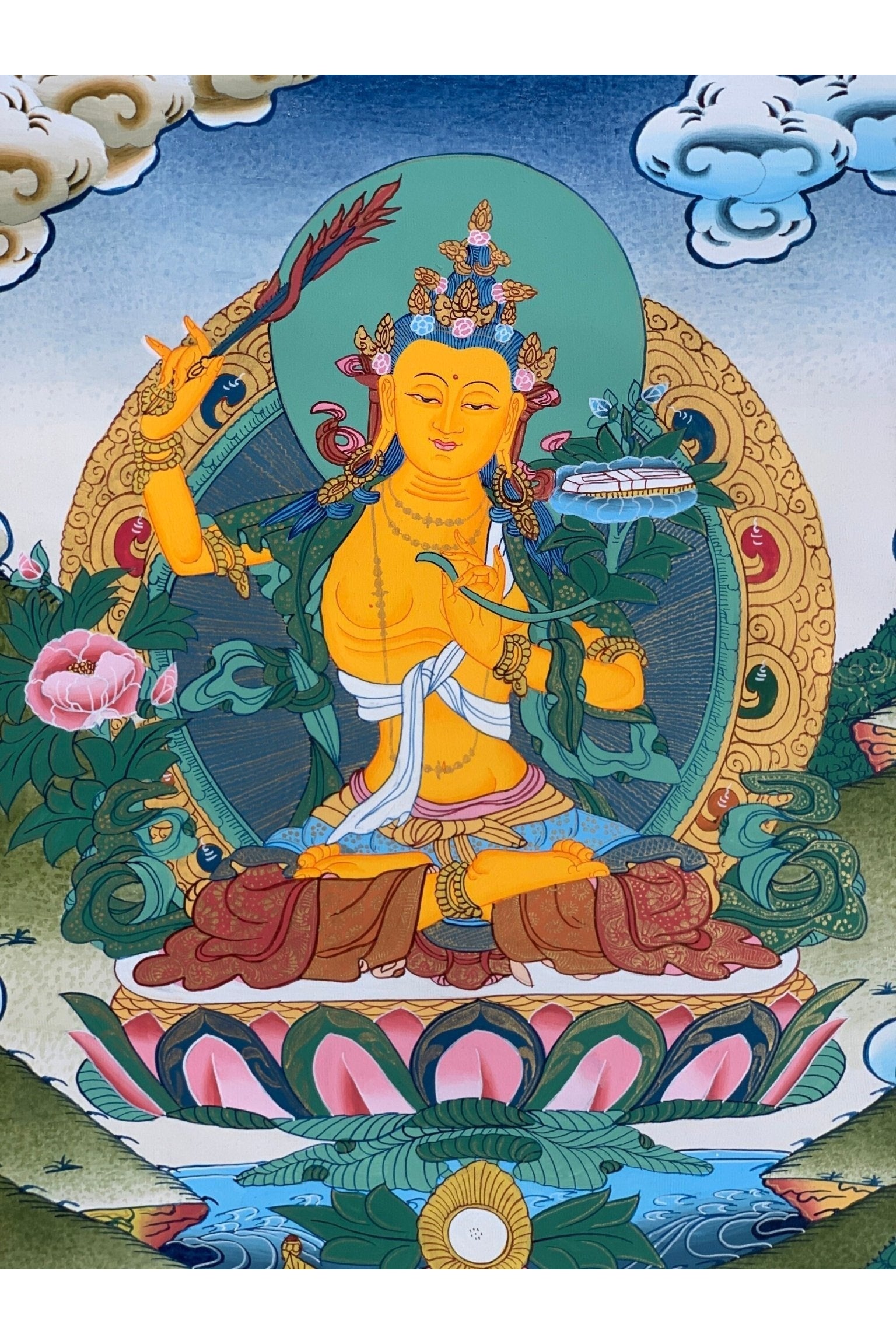 Manjushri, Manjusri, Manjushree, Bodhisattva, High Quality Thangka Painting, Original Art 14x 19 Inch - Tibetan Thangka Art