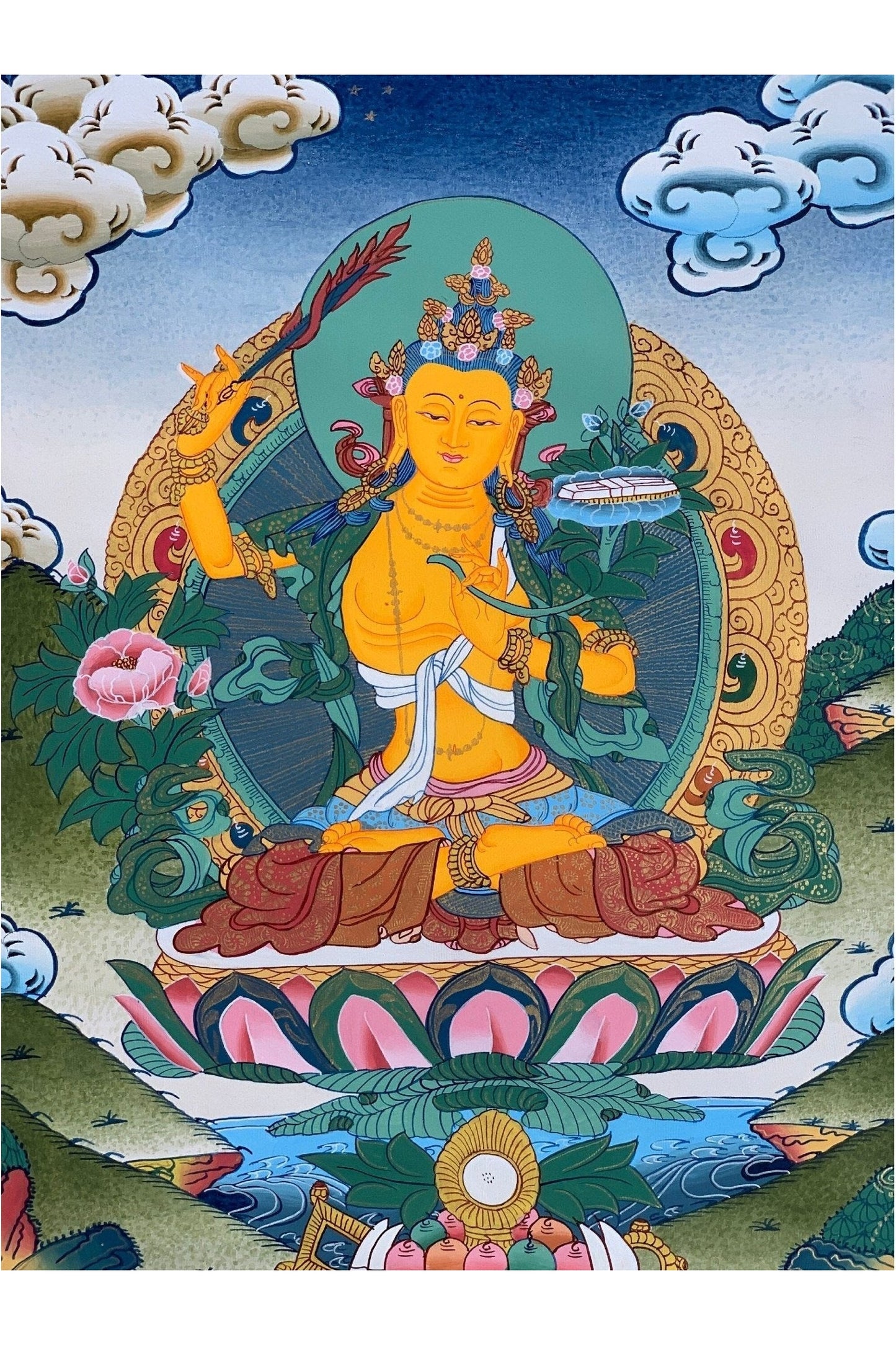 Manjushri, Manjusri, Manjushree, Bodhisattva, High Quality Thangka Painting, Original Art 14x 19 Inch - Tibetan Thangka Art