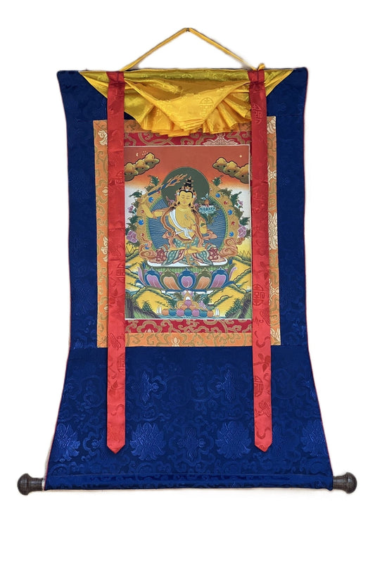 Manjushri/ Manjusri/ Manjushree/ Bodhisattva of Compassion Original Hand - painted Tibetan Thangka Painting/ Meditation Art With Silk Border - Tibetan Thangka Art