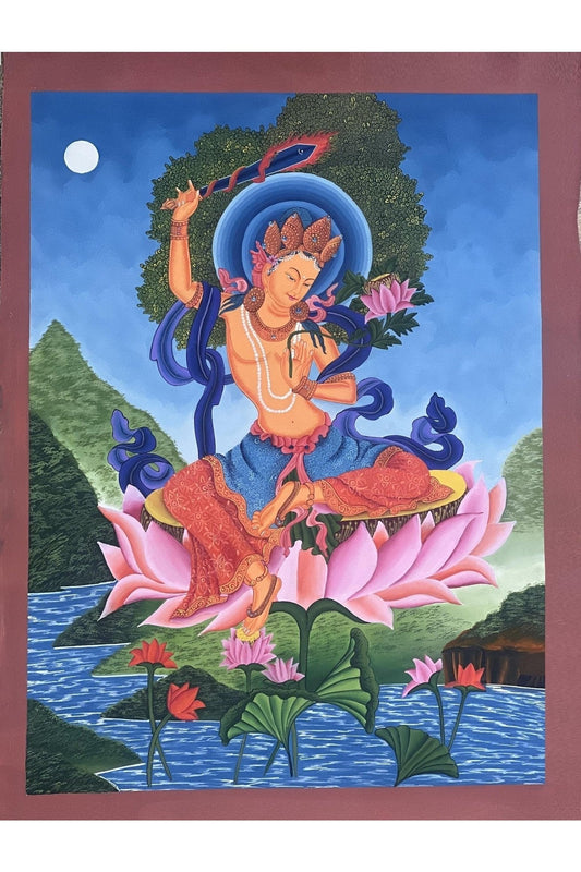 Manjushri/ Manjusri/ Manjushree God of wisdom Original Masterpiece Newari Paubha Thangka Painting Meditation Art from Nepal - Tibetan Thangka Art