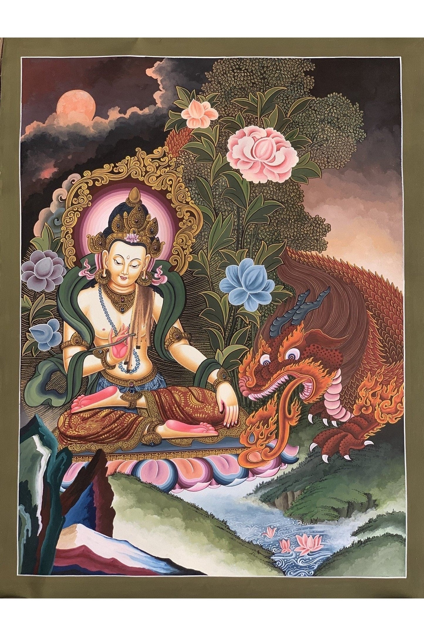 Manjushri/ Manjusri/ Manjushree God of wisdom Original Masterpiece Newari Pauva/Paubha Thangka Painting Meditation Art from Kathmandu - Tibetan Thangka Art