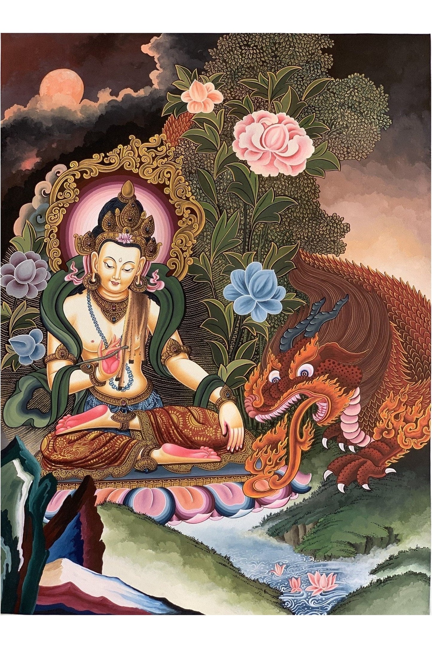 Manjushri/ Manjusri/ Manjushree God of wisdom Original Masterpiece Newari Pauva/Paubha Thangka Painting Meditation Art from Kathmandu - Tibetan Thangka Art