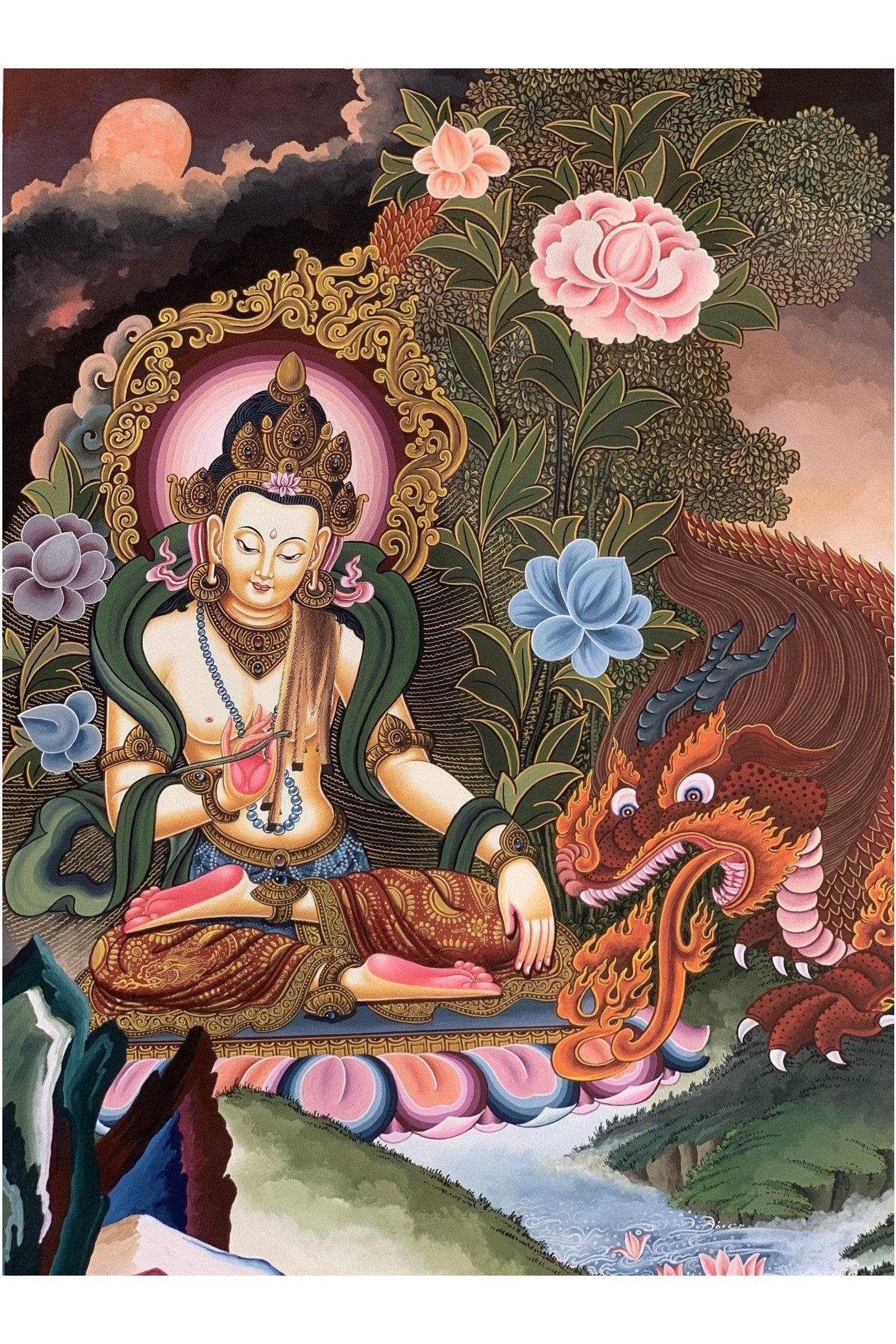 Manjushri/ Manjusri/ Manjushree God of wisdom Original Masterpiece Newari Pauva/Paubha Thangka Painting Meditation Art from Kathmandu - Tibetan Thangka Art