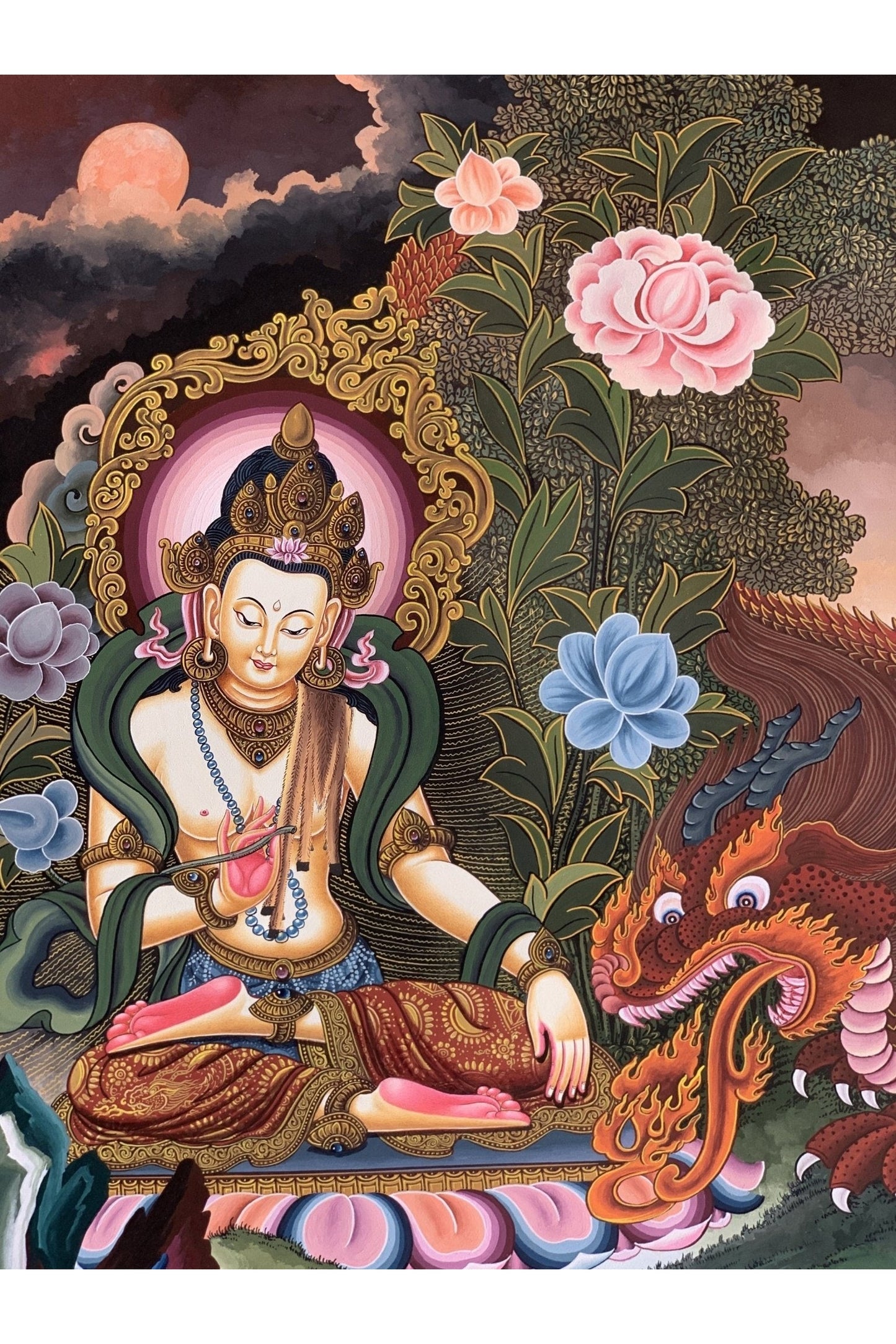 Manjushri/ Manjusri/ Manjushree God of wisdom Original Masterpiece Newari Pauva/Paubha Thangka Painting Meditation Art from Kathmandu - Tibetan Thangka Art