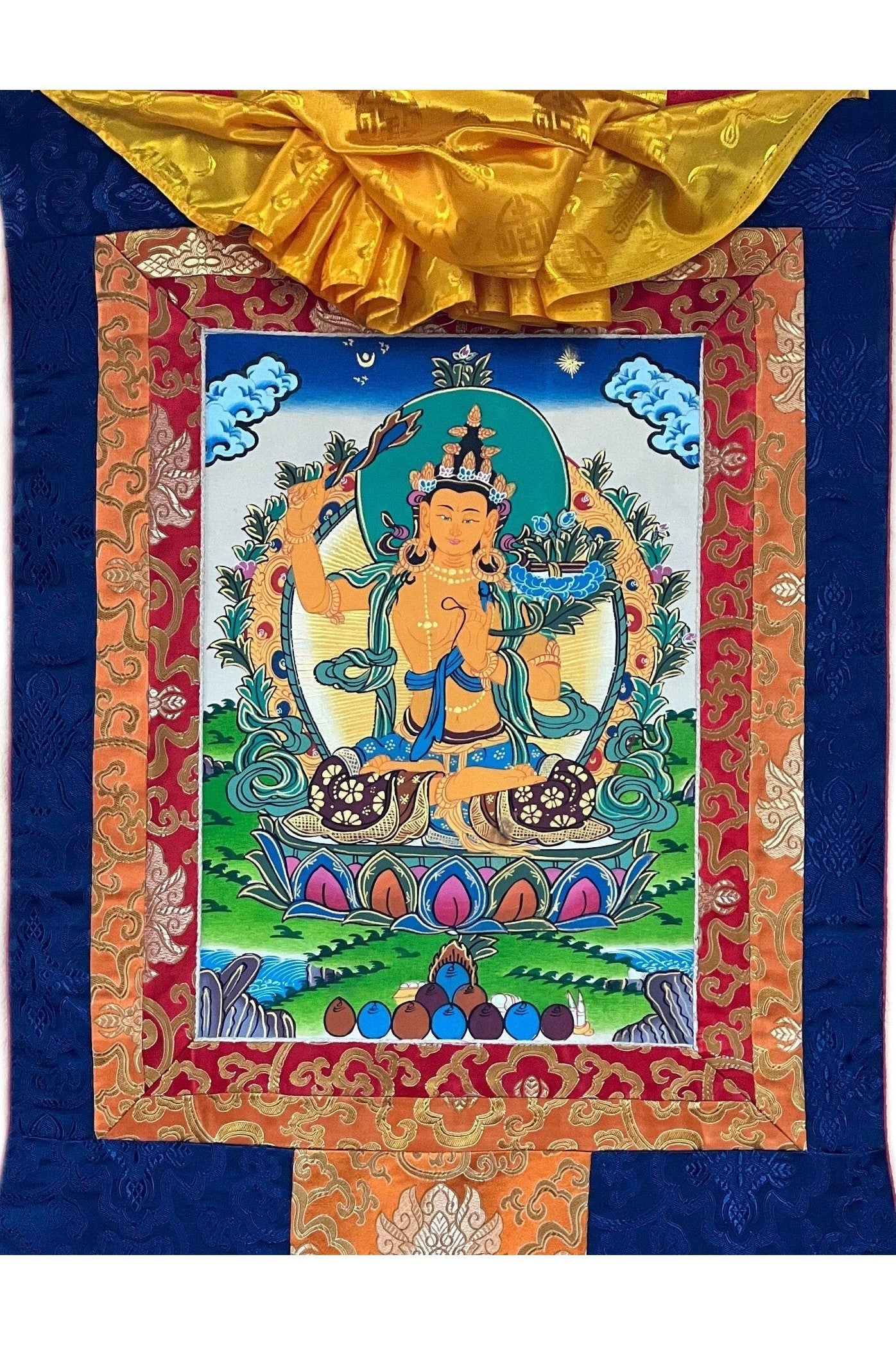 Manjushri/ Manjusri/ Manjushree Master Quality Hand - painted, Original Tibetan Thangka Painting, Compassion, Meditation Art With Silk Brocade - Tibetan Thangka Art