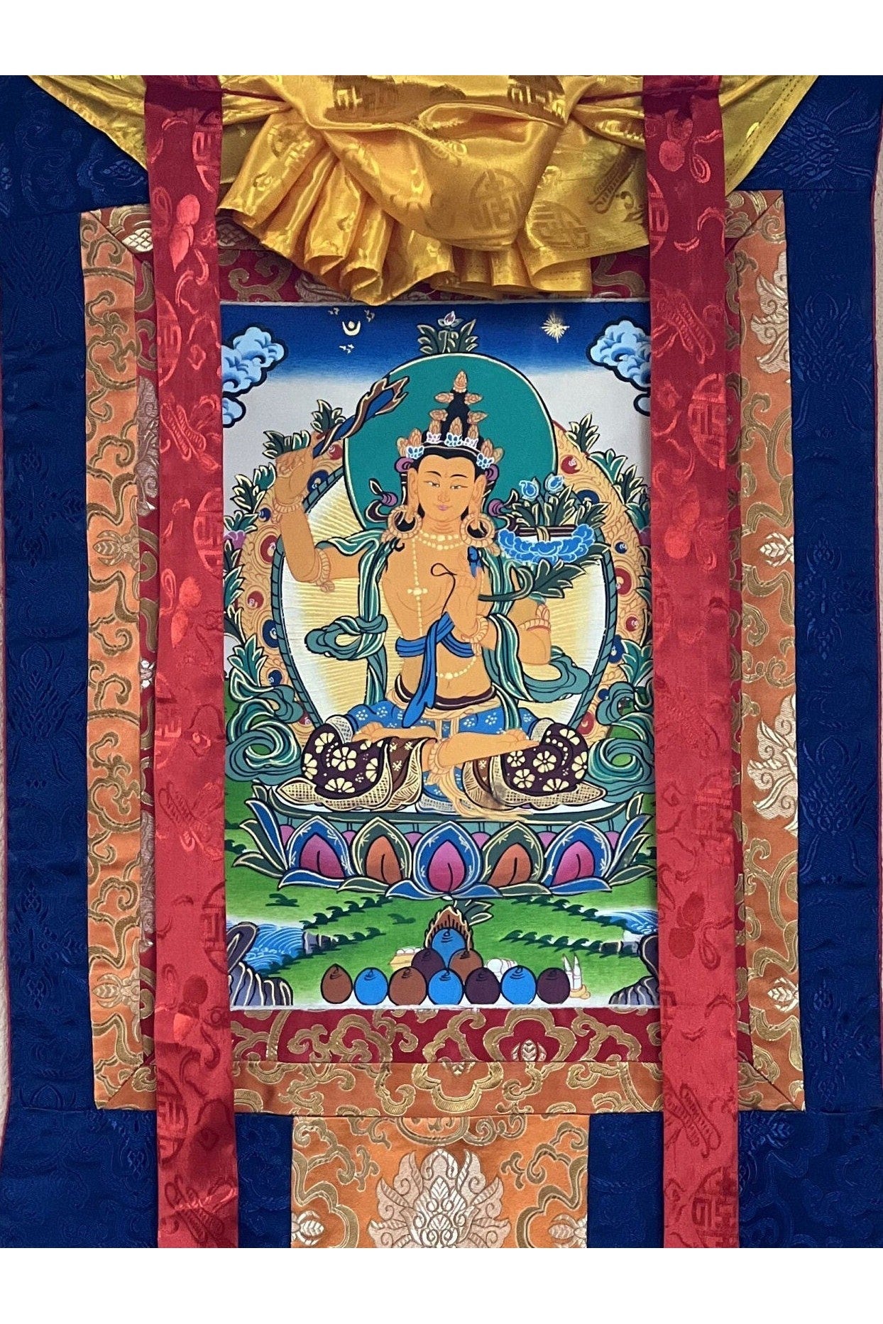 Manjushri/ Manjusri/ Manjushree Master Quality Hand - painted, Original Tibetan Thangka Painting, Compassion, Meditation Art With Silk Brocade - Tibetan Thangka Art