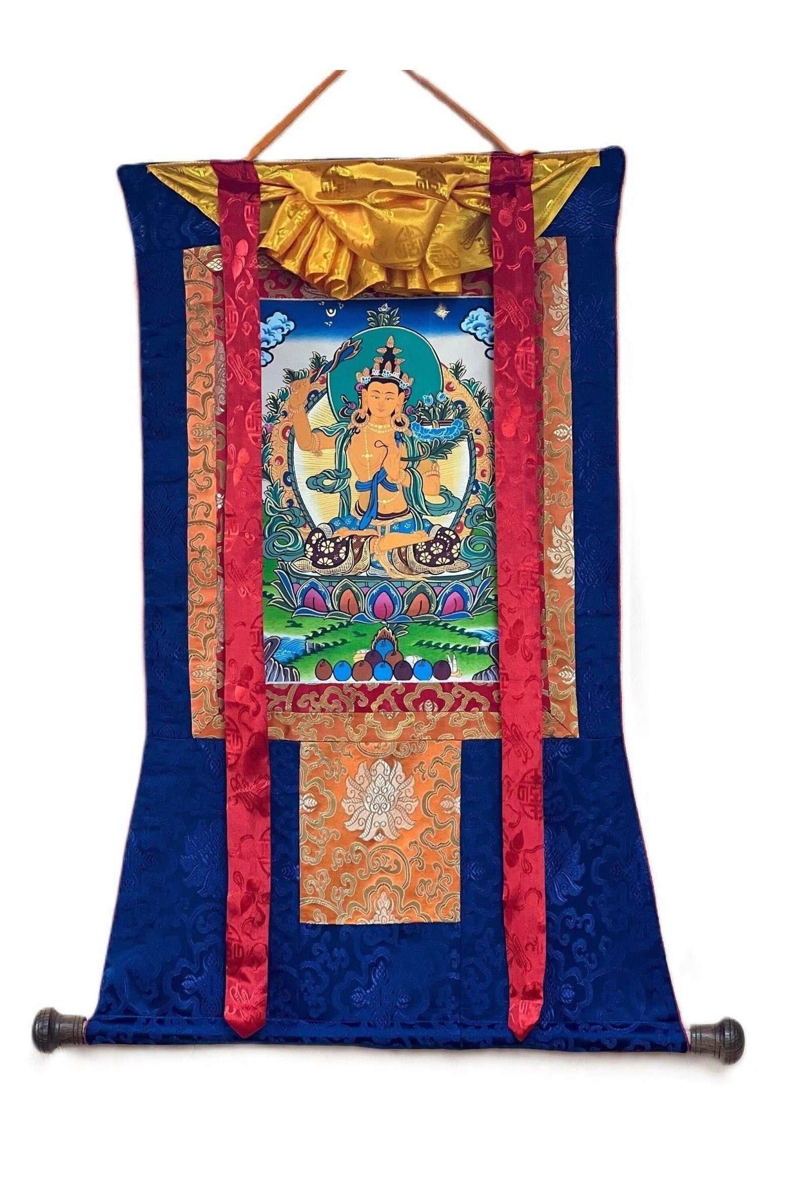 Manjushri/ Manjusri/ Manjushree Master Quality Hand - painted, Original Tibetan Thangka Painting, Compassion, Meditation Art With Silk Brocade - Tibetan Thangka Art