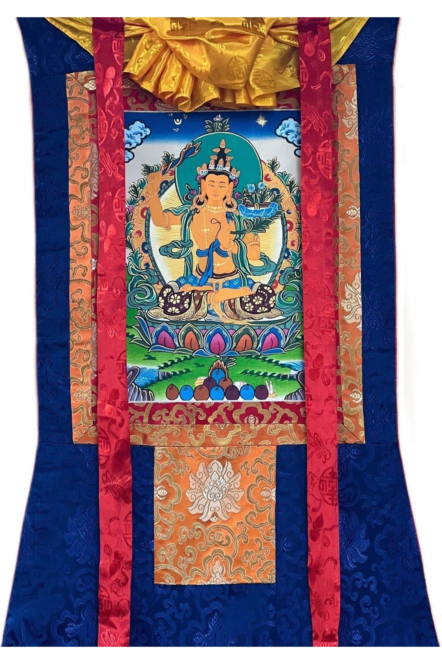 Manjushri/ Manjusri/ Manjushree Master Quality Hand - painted, Original Tibetan Thangka Painting, Compassion, Meditation Art With Silk Brocade - Tibetan Thangka Art