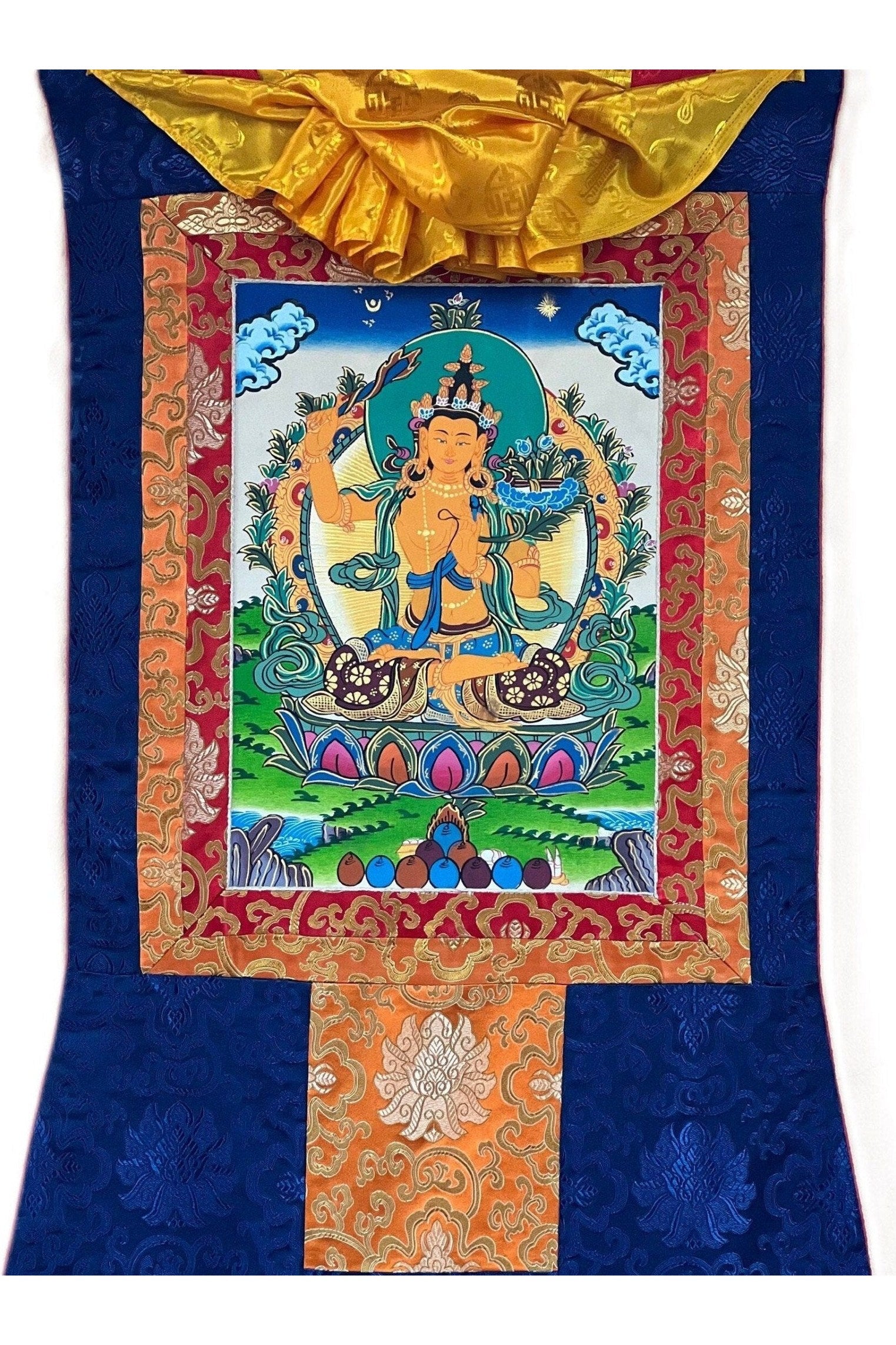 Manjushri/ Manjusri/ Manjushree Master Quality Hand - painted, Original Tibetan Thangka Painting, Compassion, Meditation Art With Silk Brocade - Tibetan Thangka Art