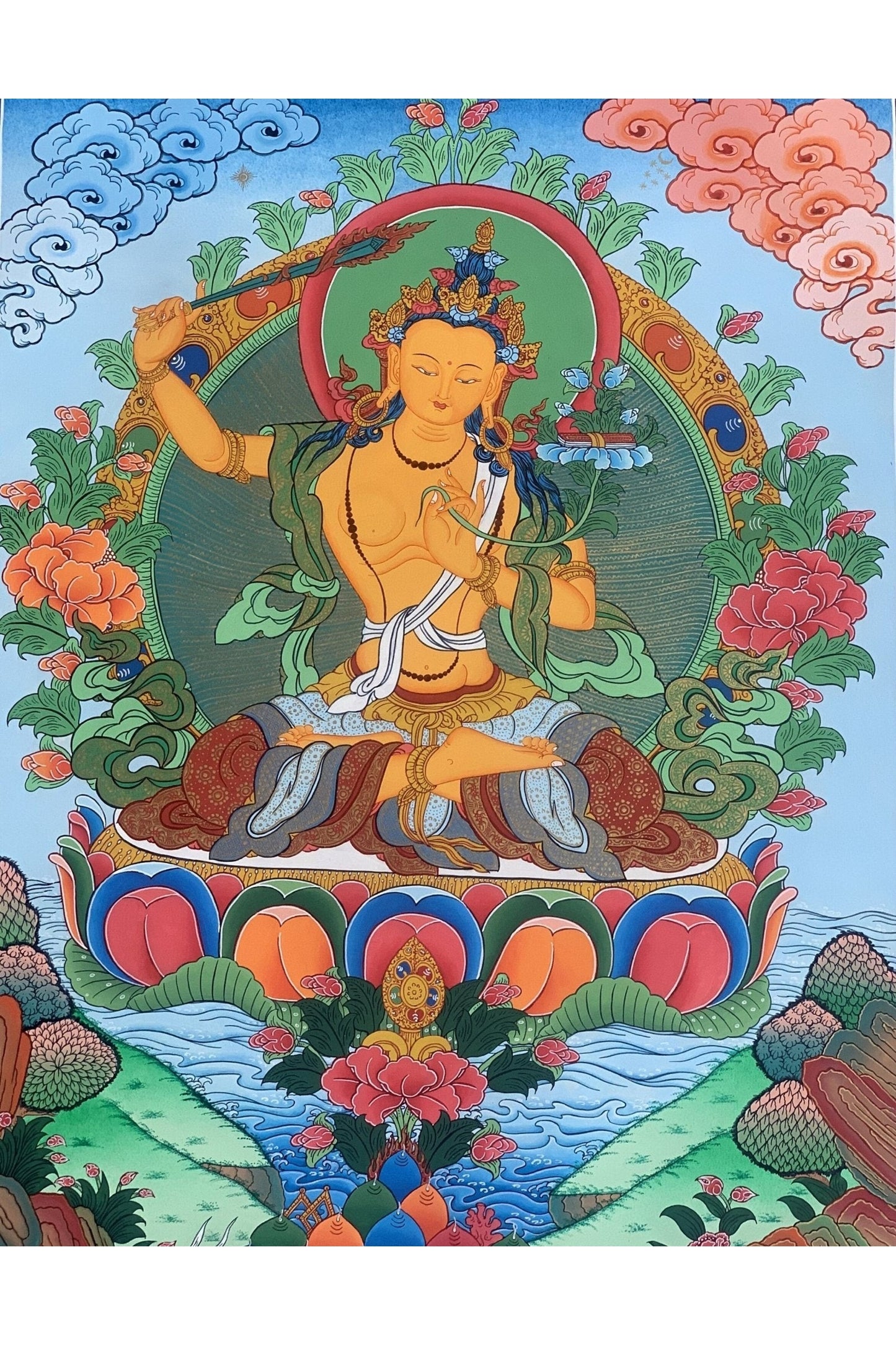 Manjushri/ Manjusri/ Manjushree Master Quality Hand - painted Original Tibetan Thangka Painting Meditation Art 18 x 24 - Inch - Tibetan Thangka Art