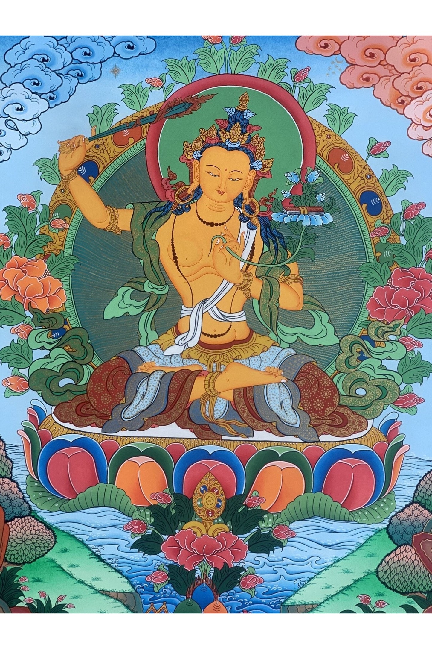 Manjushri/ Manjusri/ Manjushree Master Quality Hand - painted Original Tibetan Thangka Painting Meditation Art 18 x 24 - Inch - Tibetan Thangka Art