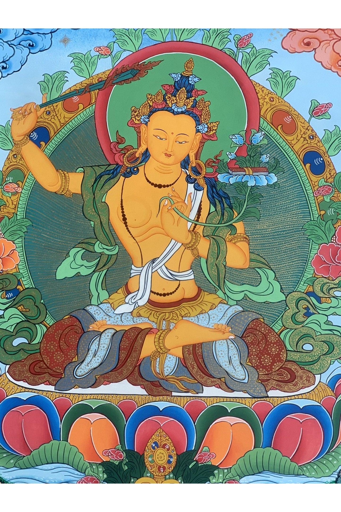 Manjushri/ Manjusri/ Manjushree Master Quality Hand - painted Original Tibetan Thangka Painting Meditation Art 18 x 24 - Inch - Tibetan Thangka Art