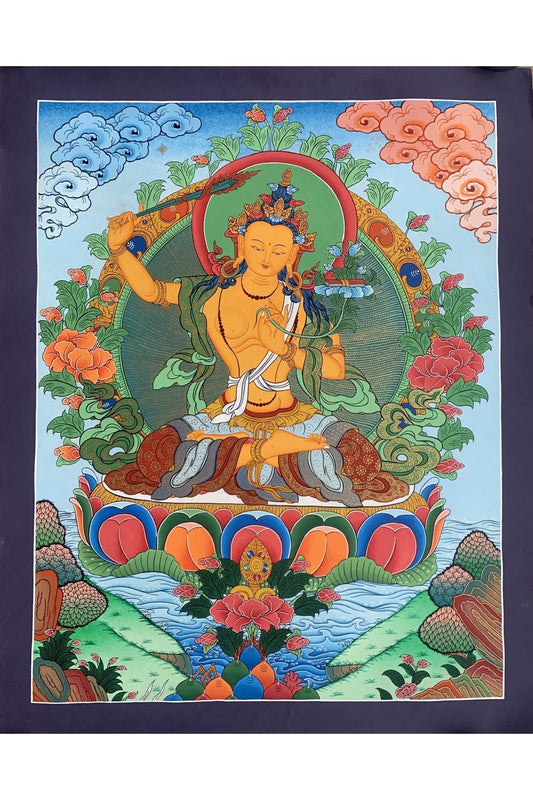 Manjushri/ Manjusri/ Manjushree Master Quality Hand - painted Original Tibetan Thangka Painting Meditation Art 18 x 24 - Inch - Tibetan Thangka Art