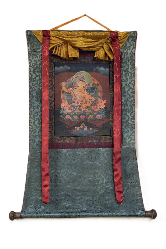 Manjushri/ Manjusri/ Manjushree Old Oil Varnished Tibetan Thangka Painting, Original Art with Silk Brocade - Tibetan Thangka Art