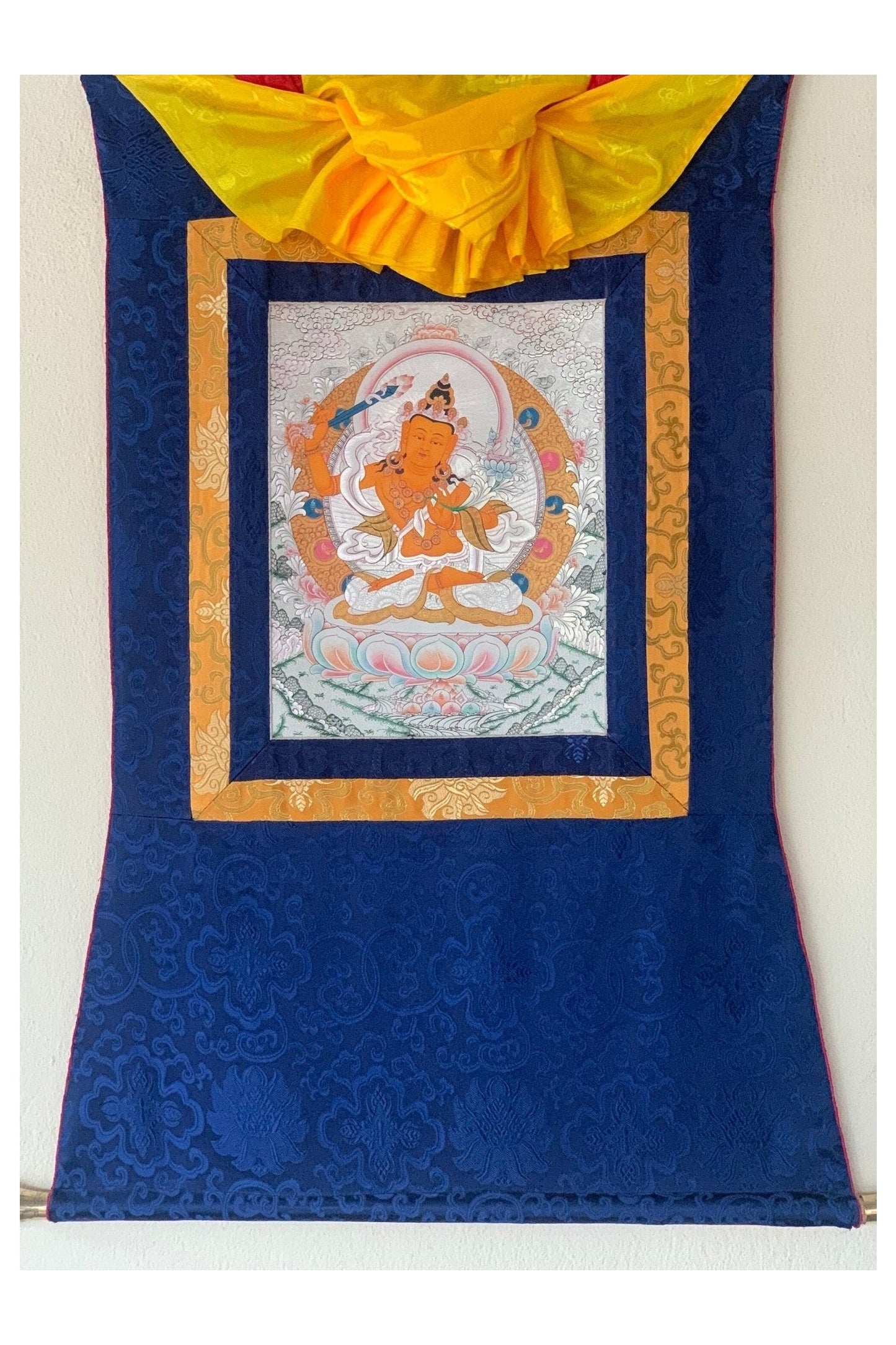 Manjushri, Manjusri, Manjushree, Silver, Thangka Painting, Original Art with Silk Brocade - Tibetan Thangka Art