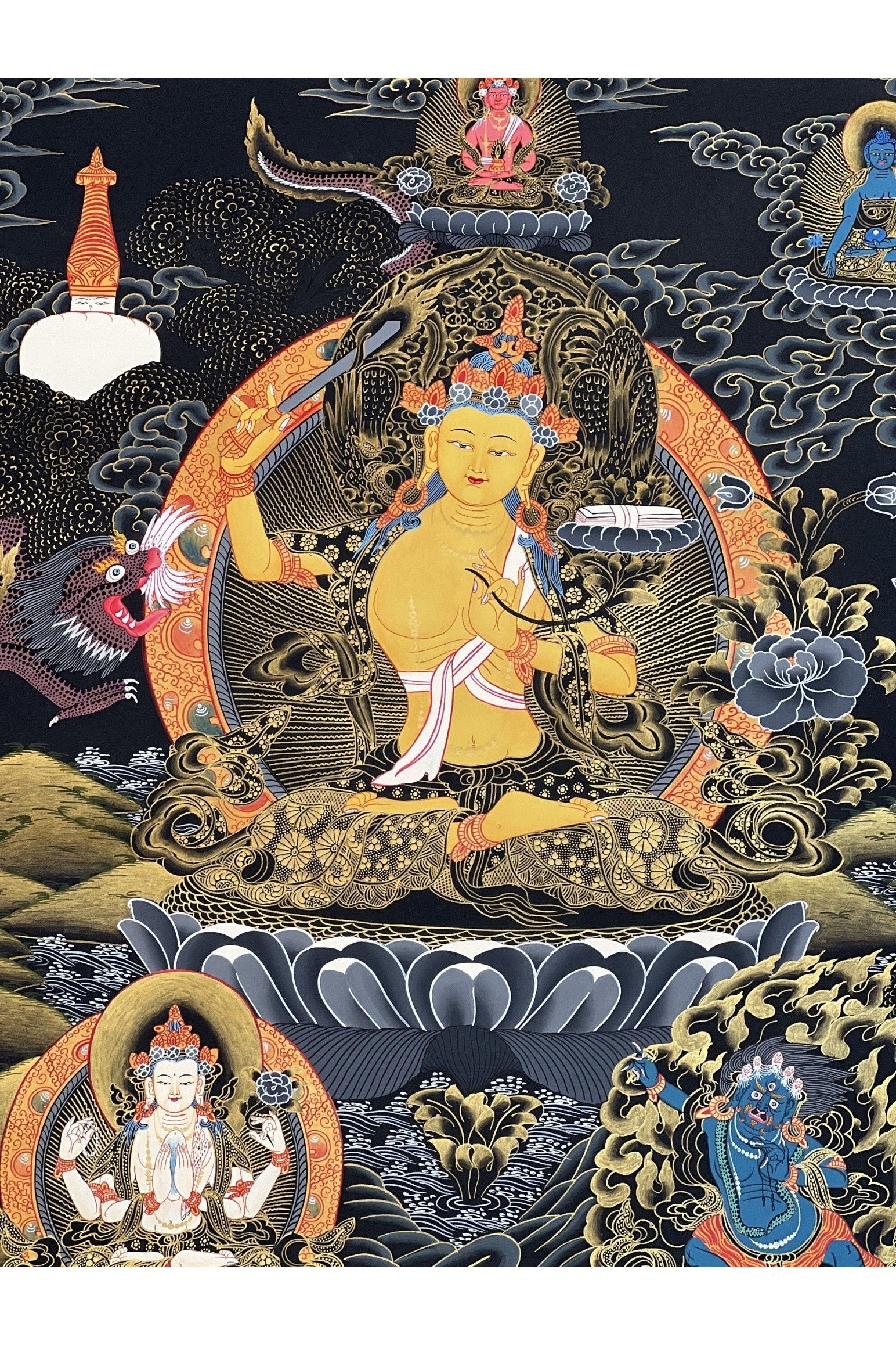 Manjushri/ Manjusri,/Manjushree Master Quality Hand - painted Original Tibetan Thangka Compassion Meditation Art 21 x 27 - Inch - Tibetan Thangka Art