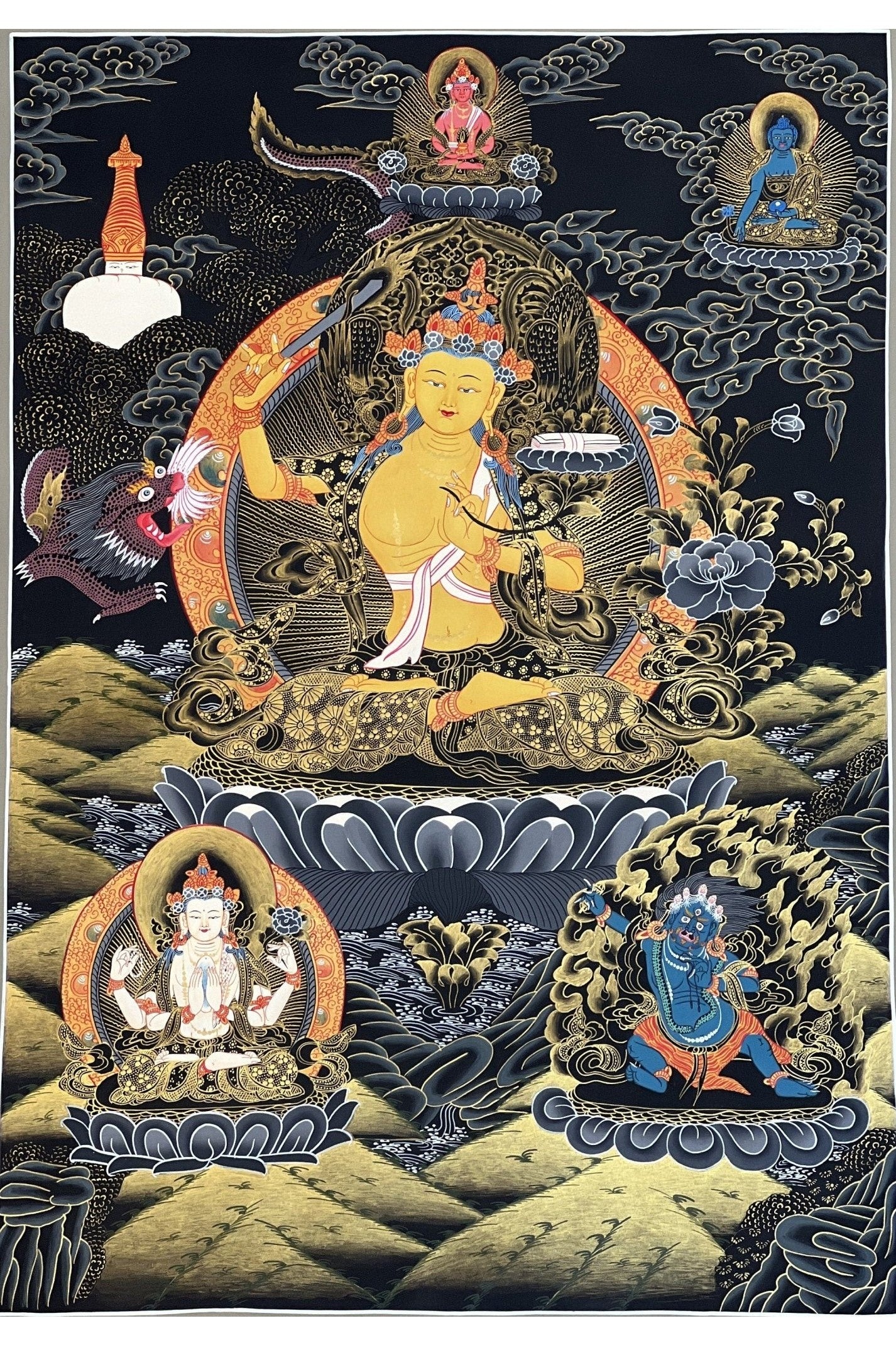 Manjushri/ Manjusri,/Manjushree Master Quality Hand - painted Original Tibetan Thangka Compassion Meditation Art 21 x 27 - Inch - Tibetan Thangka Art