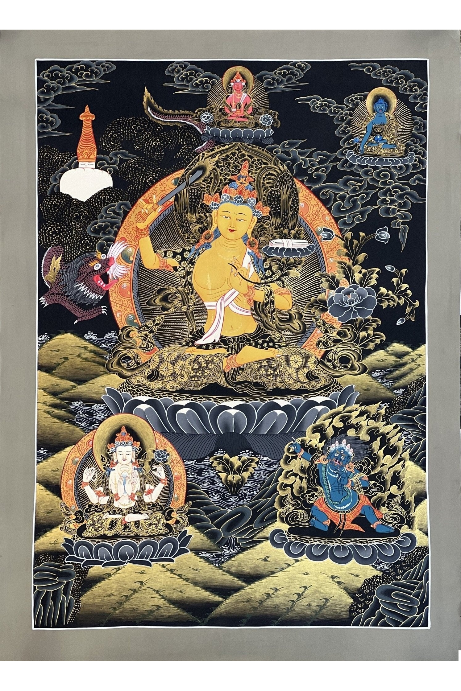 Manjushri/ Manjusri,/Manjushree Master Quality Hand - painted Original Tibetan Thangka Compassion Meditation Art 21 x 27 - Inch - Tibetan Thangka Art