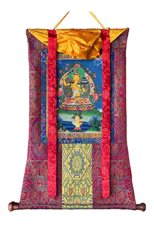 Manjushri or Manjushree Wisdom Bodhisattva Original Masterpiece Tibetan Thangka Painting, Meditation Art With High Quality Silk Brocade - Tibetan Thangka Art